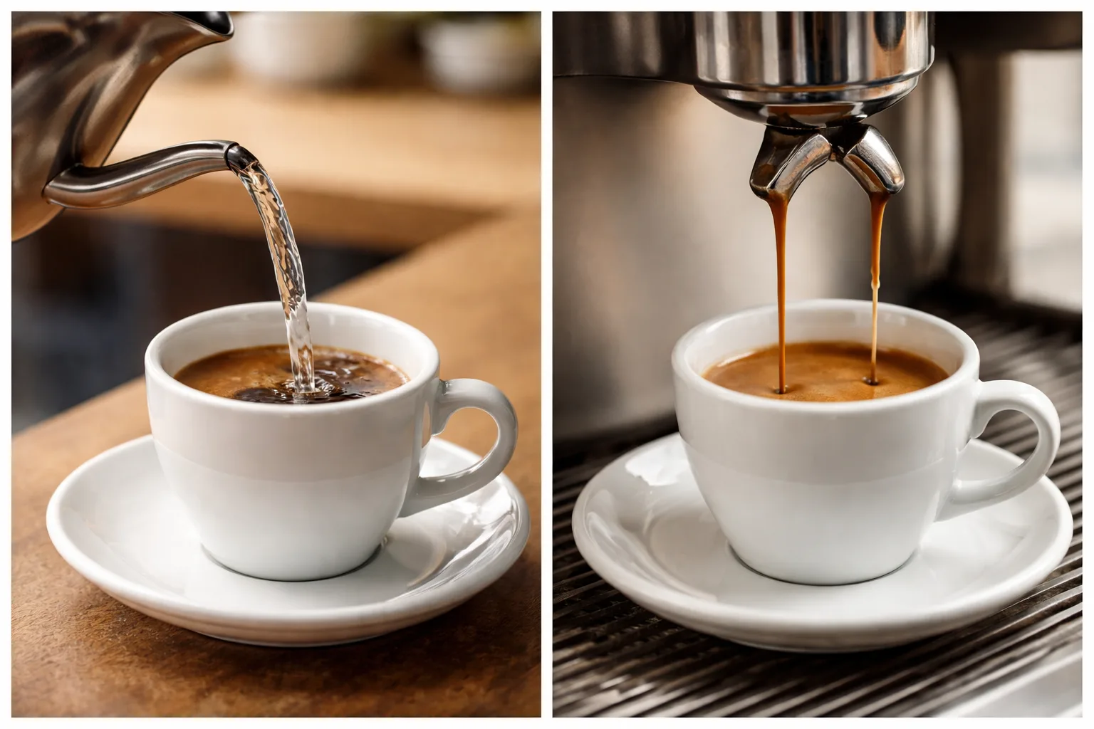 Americano ve lungo farkını gösteren yan yana iki fincan ve hazırlama süreci.