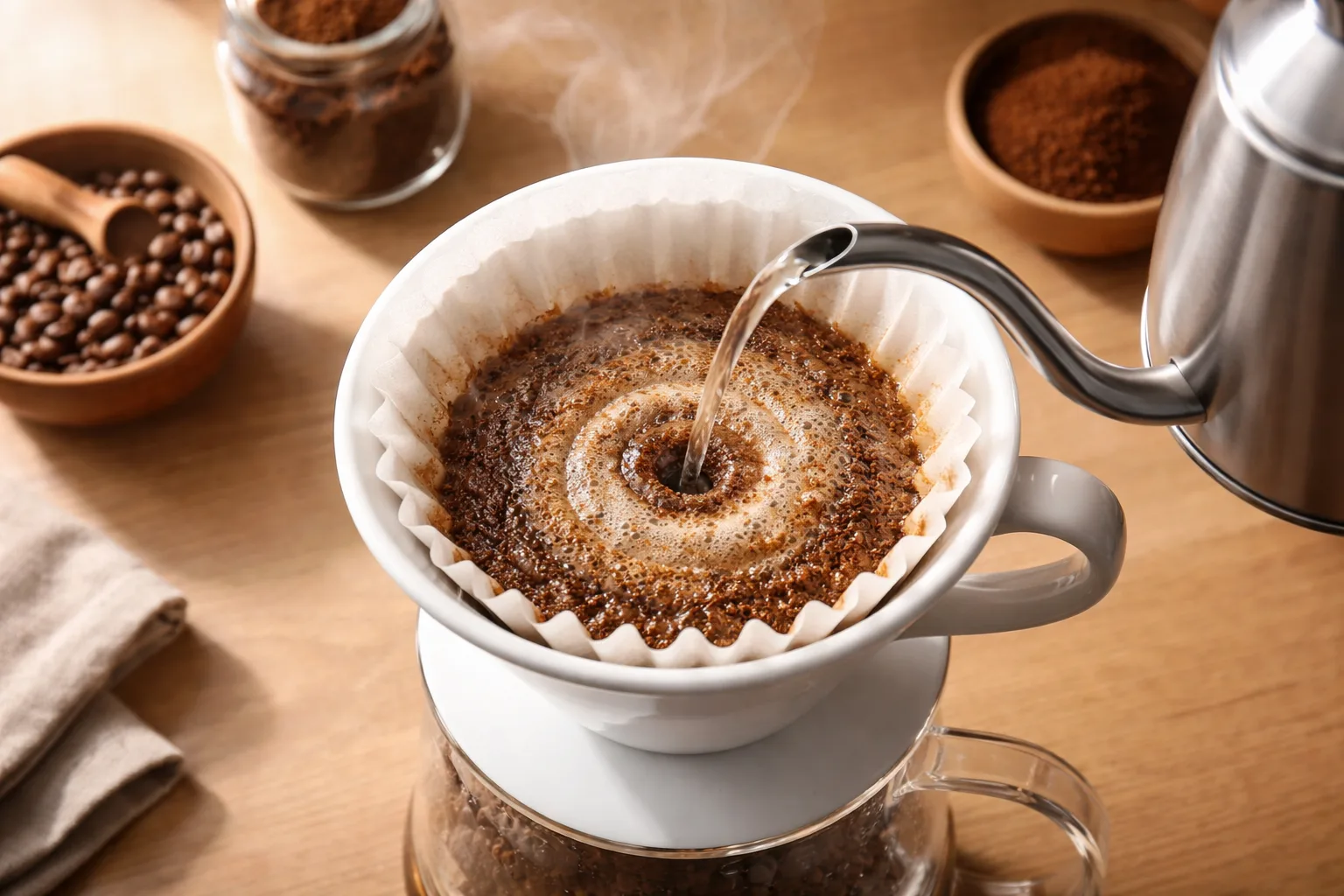 Gooseneck kettle ile spiral döküş sırasında filtre kahve yatağının eşit ıslanması.