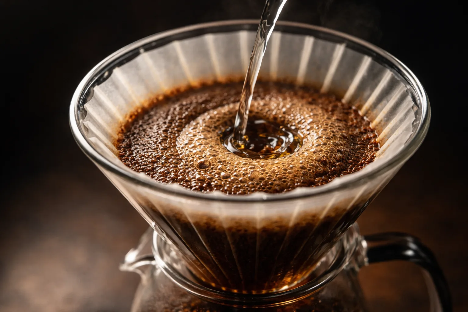 Bloom ve turbulans sırasında konik dripperda eşit akış ve temiz ekstraksiyon görünümü