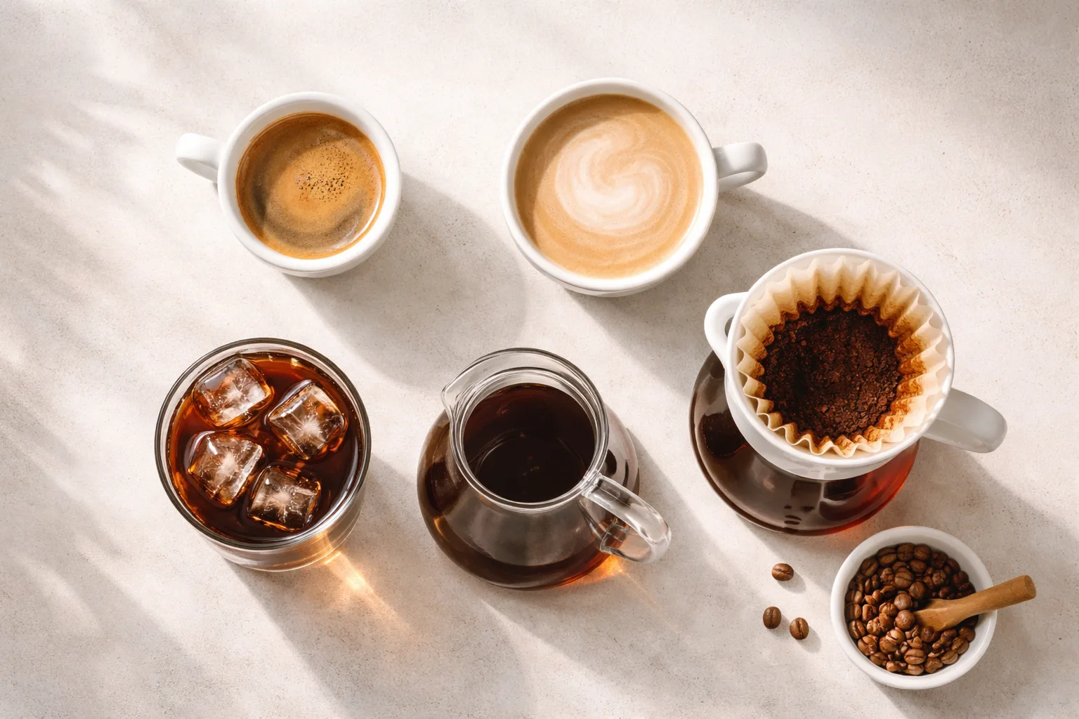 Espresso, latte, iced americano ve pour-over seçenekleri arasından seçim atmosferi