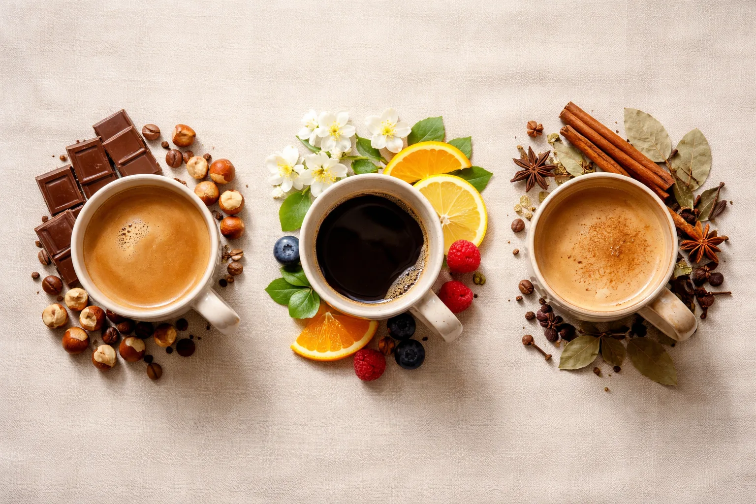 Farklı fincanlarla Latin Amerika, Afrika ve Asya profillerini, kahve kuşağı ülkeleri çeşitliliğini betimleyen üstten çekim.