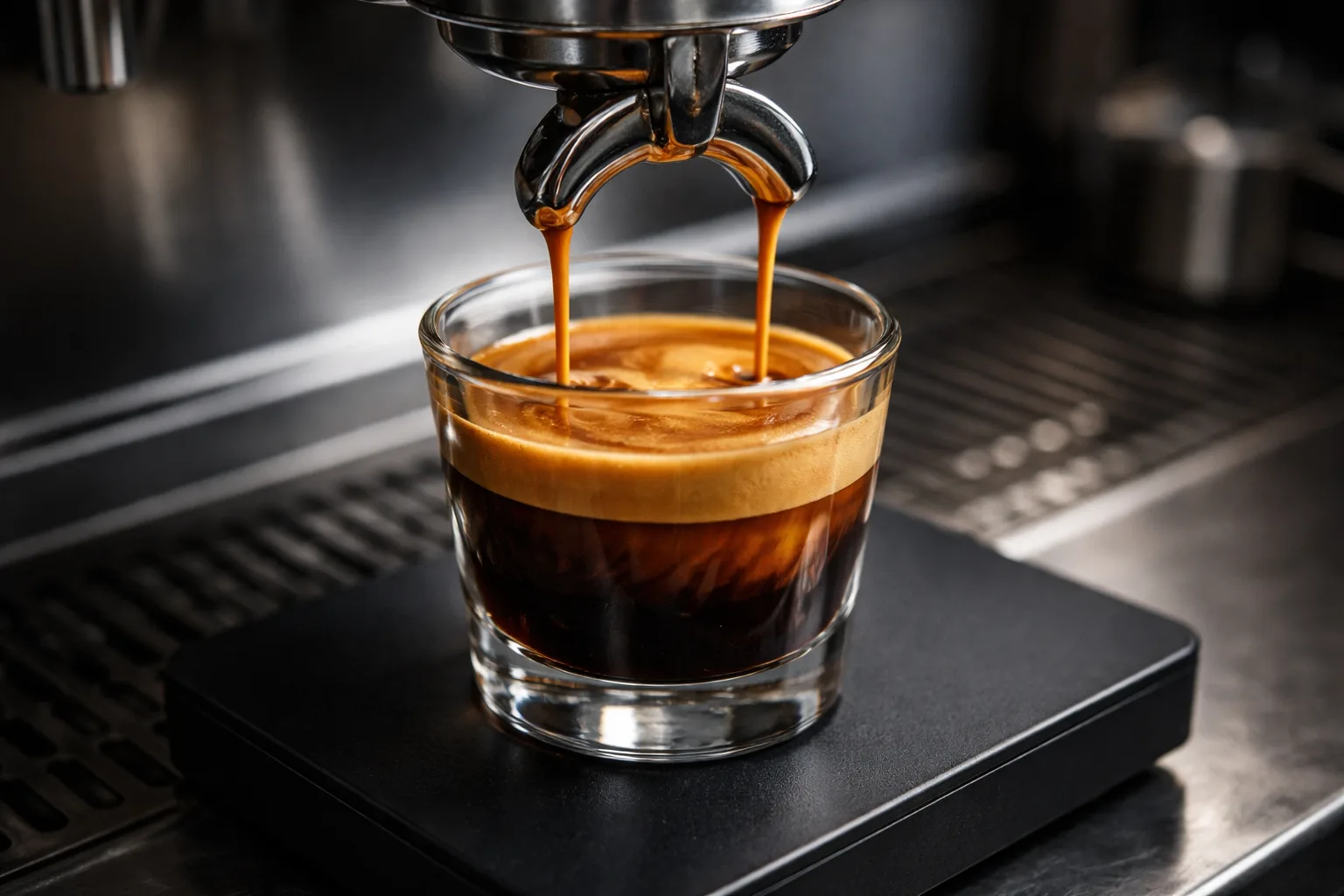 Barista tartı üzerinde shot alırken ristretto normale lungo oranlarını karşılaştırmaya uygun sahne