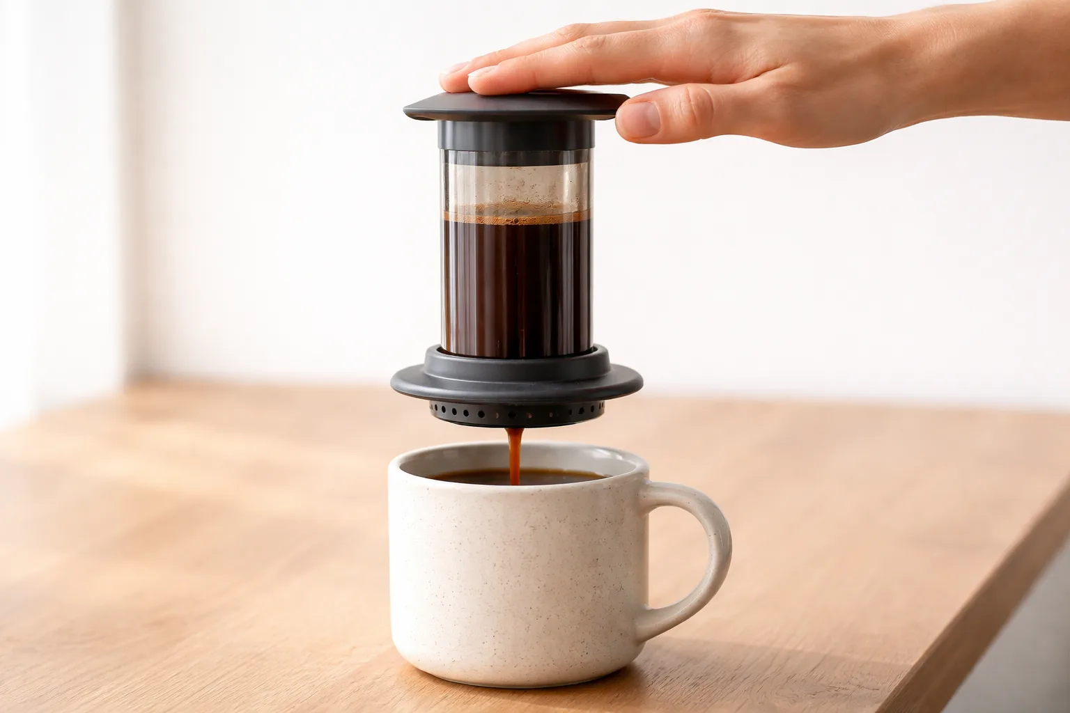 Kupada konumlu AeroPress üzerinde plunger nazikçe itilirken kahve akışı net görülüyor.