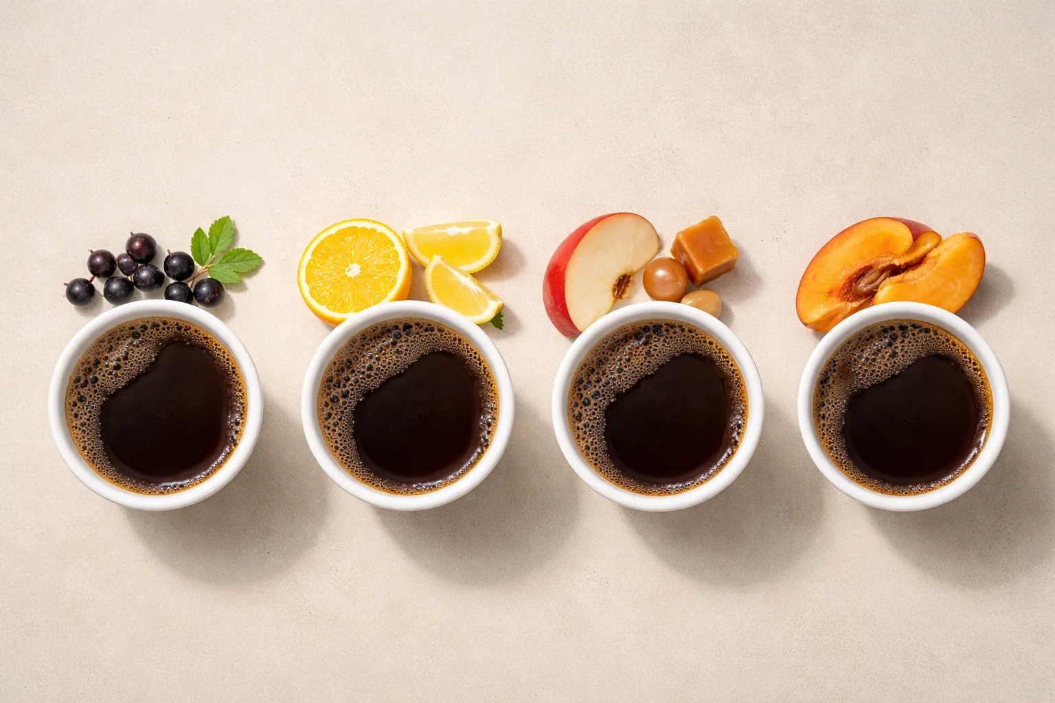 Afrika çekirdek satın alma kararına rehberlik eden dört cupping kasesi; siyah frenk üzümü, narenciye, kırmızı elma, şeftali.