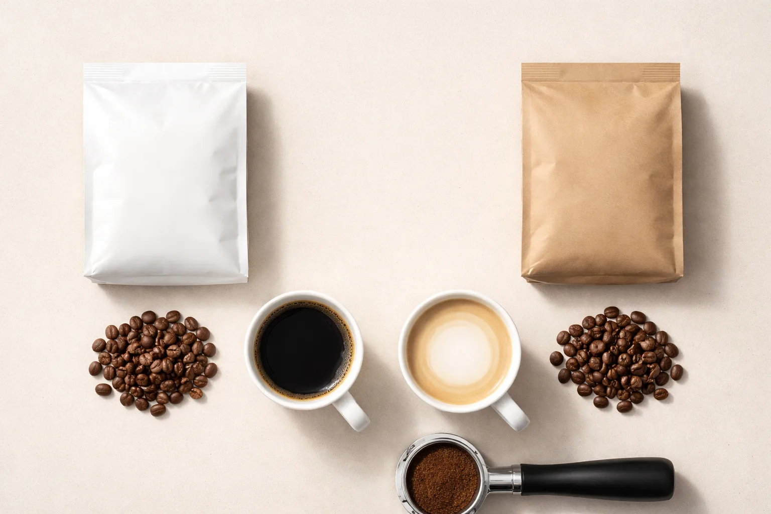 Etiketsiz iki kahve paketi, sade ve sütlü fincanlar, çekirdek yığınları ve tamper karşılaştırmalı düzen.