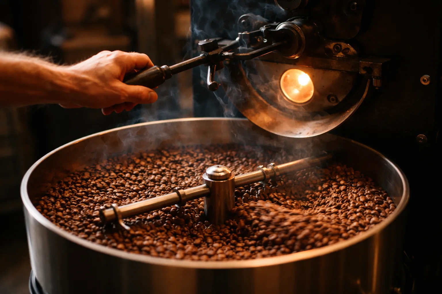 Tamburda hareket eden çekirdekler, operatör ısı kolunu ayarlıyor; sıcak ışıltı ve ince duman, afrika kahvesi rakım etkisi