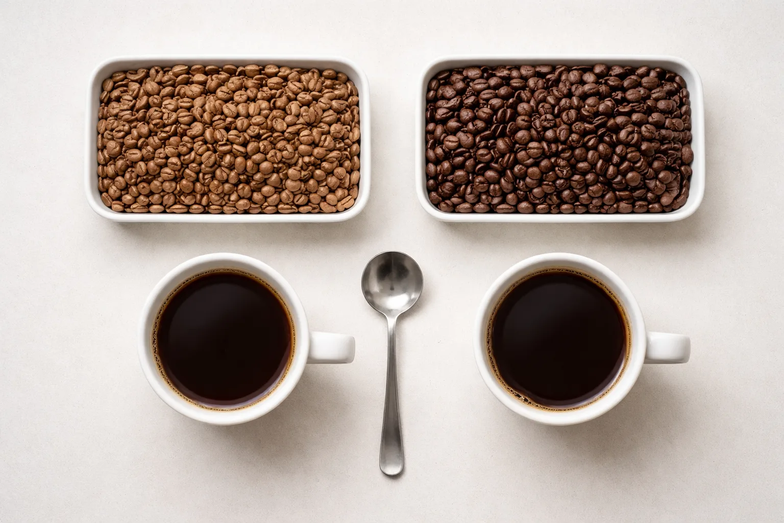 Üstten çekimde iki tepsi kahve çekirdeği, ton farkı; iki fincan ve bir cupping kaşığı.