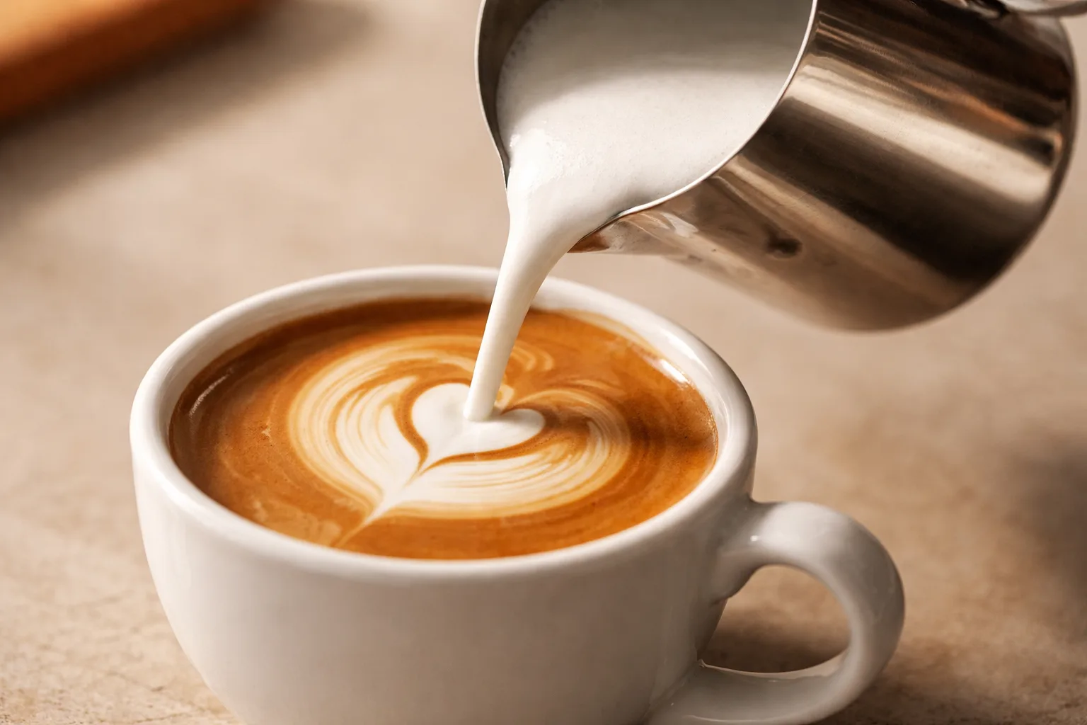 Paslanmaz sürahiden ince sabit akışla espressoya dökülen parlak mikroköpük başlangıcı