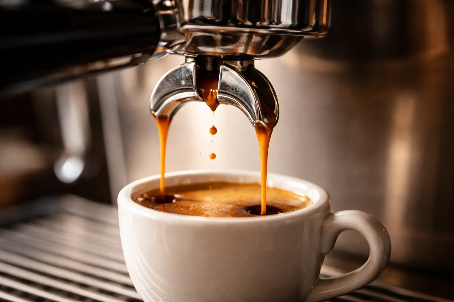 çift ağızlı portafiltreden akan espresso ve altın krema; cappuccino nasıl yapılır anlatımına uygun.