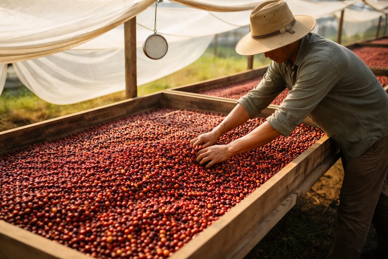 Doğal işleme yöntemi sırasında kurutma yatağında tırmıkla çevirme ve gölgeleme