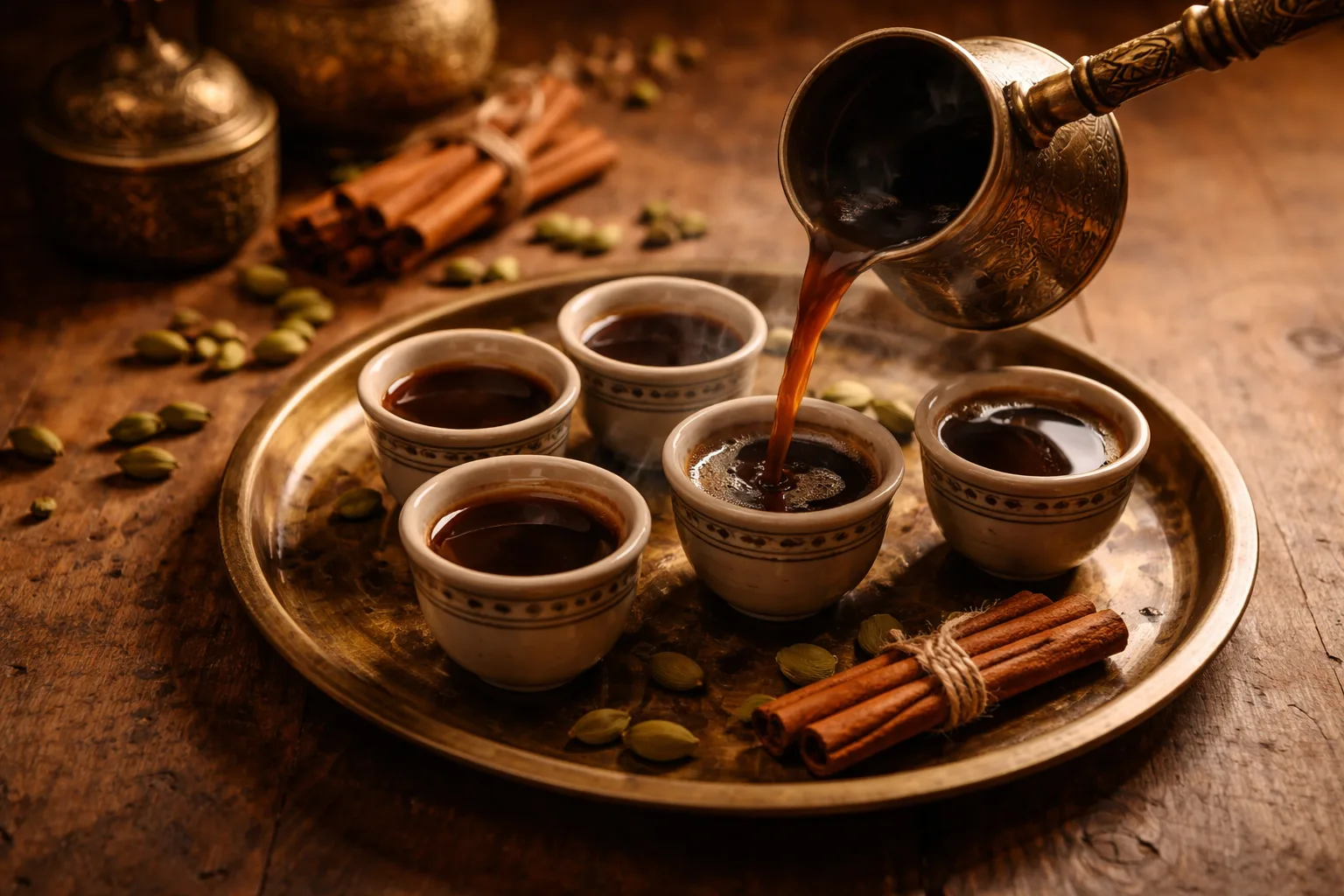 Sıcak ışıkta cezve, kakule ve tarçınla paylaşılan fincanlarla dünya kahveleri atmosferi