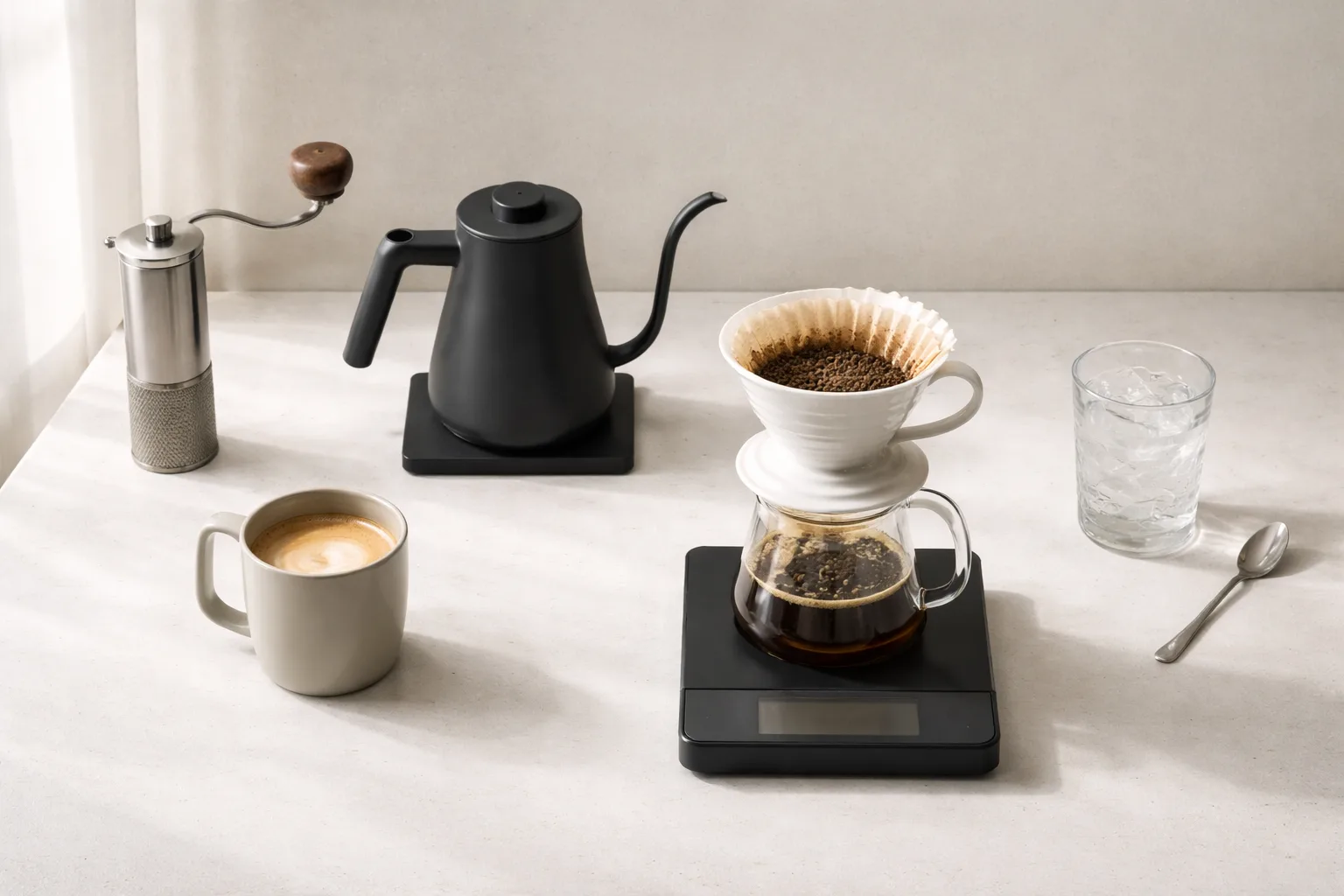 Üstten bakış minimal tezgâhta değirmen, pour-over, terazi, süt sürahisi ve buzlu bardak