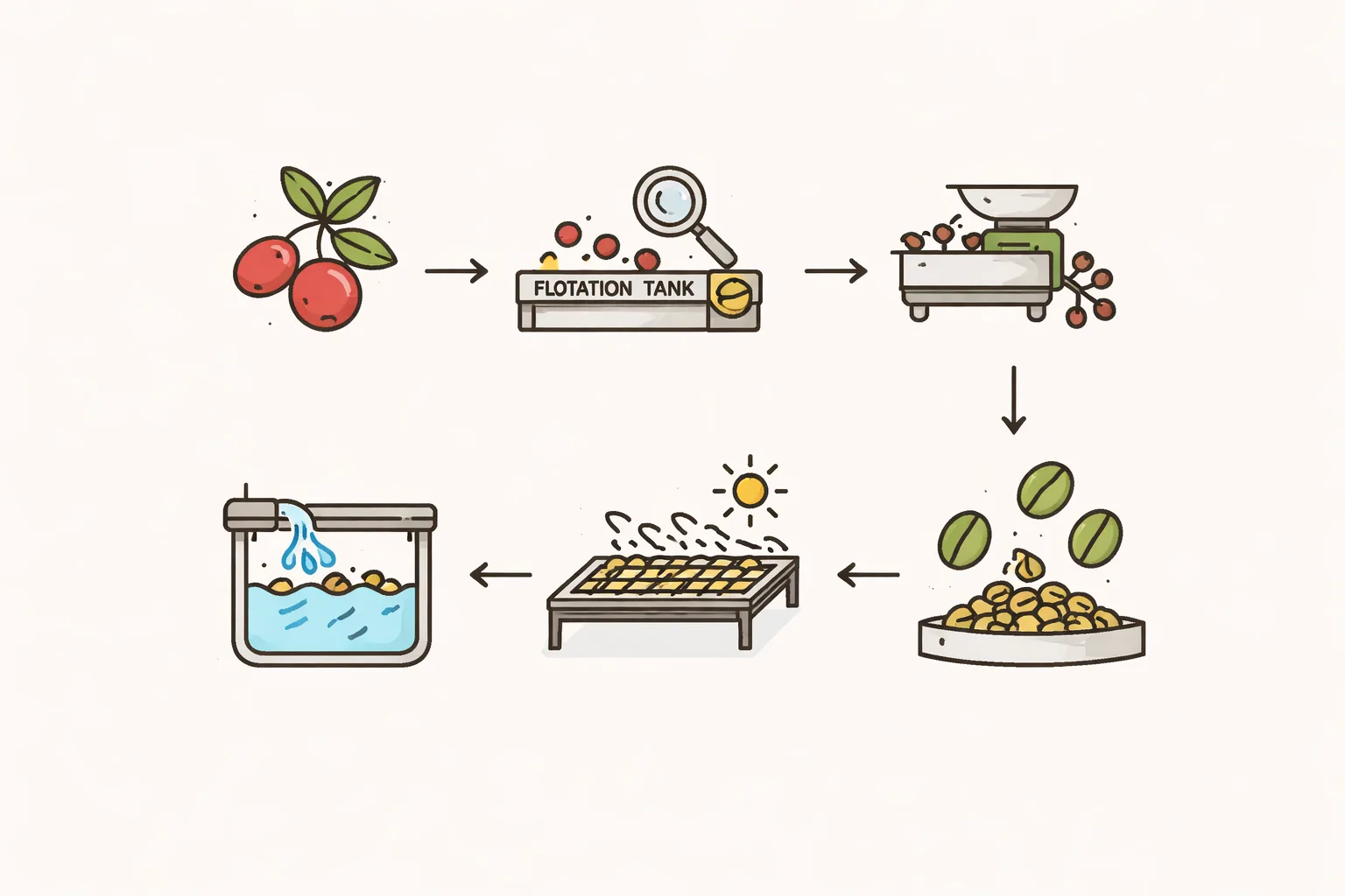 Kahve işleme adımlarını gösteren metinsiz şema, ekstraksiyon verimi bağlamında akış ve kontroller.