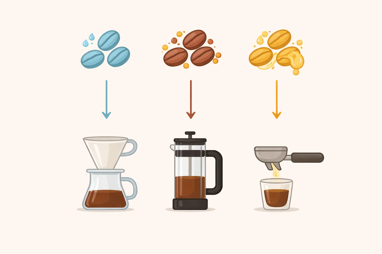 İşleme türleriyle V60, french press ve espresso ikonlarının net karşılaştırması.