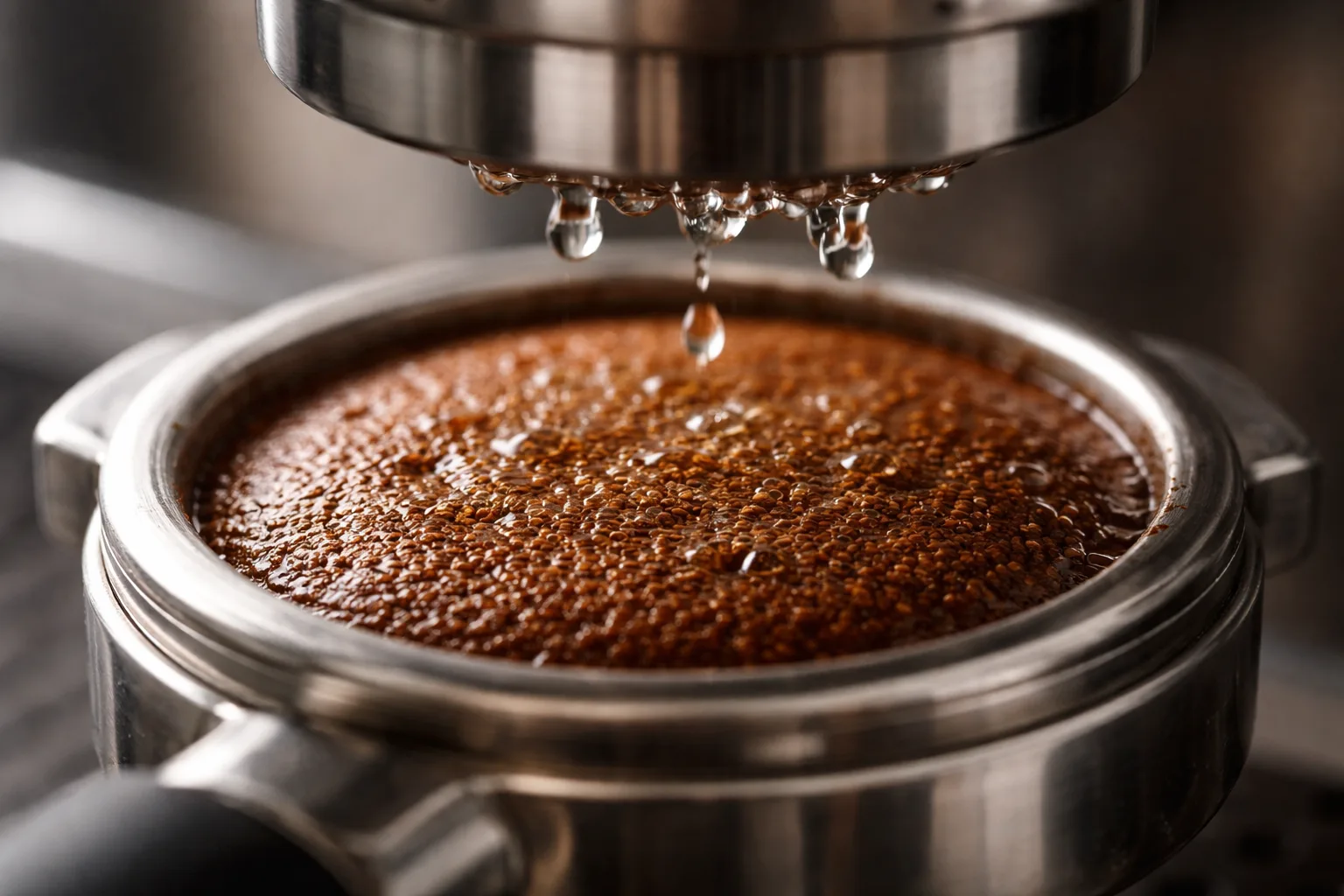 Ön demleme sırasında portafiltrede kahve yatağı eşit ıslanıyor, damlacıklar ve hafif kabarma görülüyor.