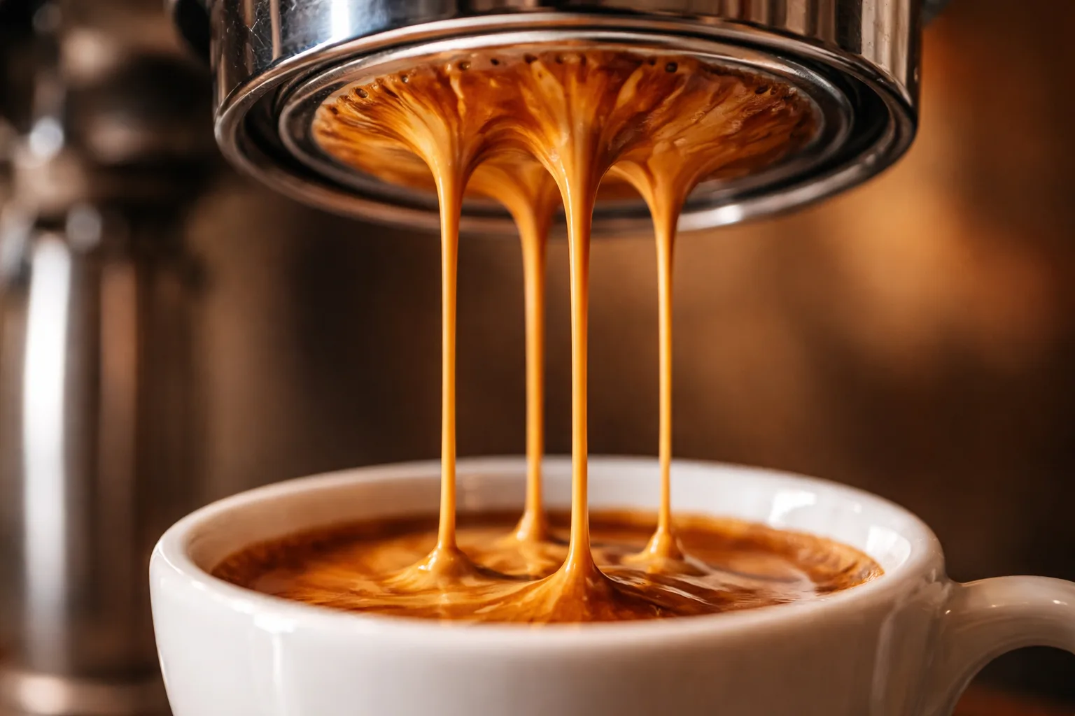 Altı açık portafiltreden pürüzsüz akış ve kaplan desenli koyu altın crema detayı.