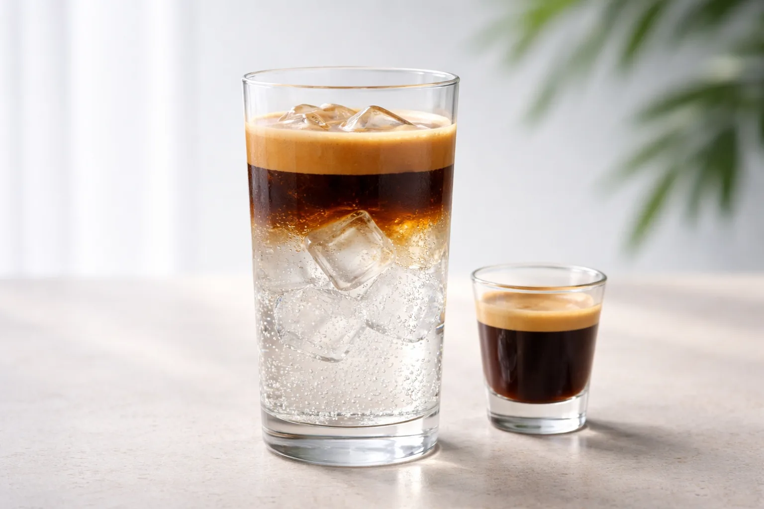 Doğru doldurulmuş espresso tonic bardağı, tepesinde baş boşluğu, büyük şeffaf buzlar ve küçük kabarcıklar, yanında shot.