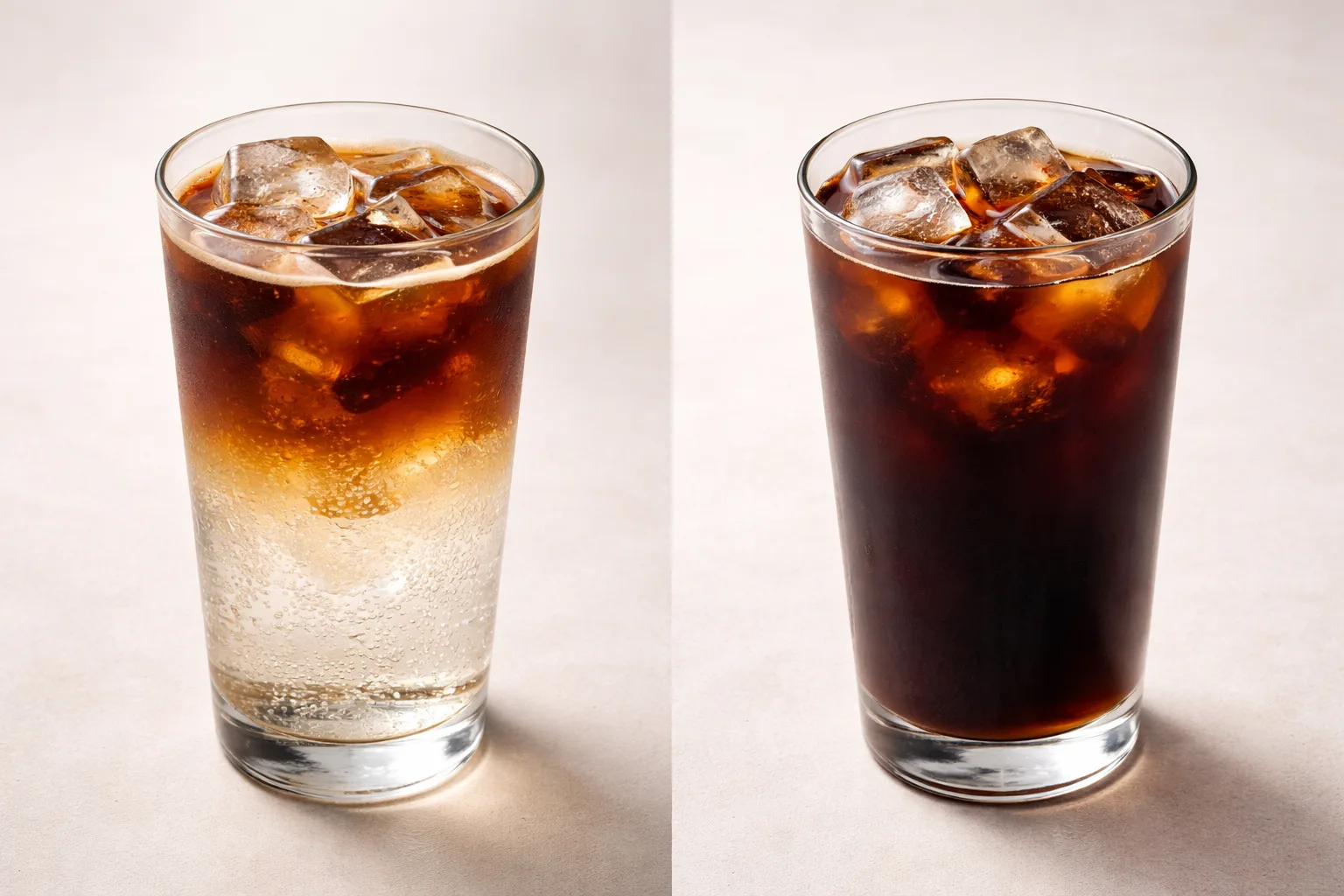 Yan yana iki uzun bardakta tonikli espresso ve Iced Americano, kabarcıklı ve homojen görünüm farkları net.