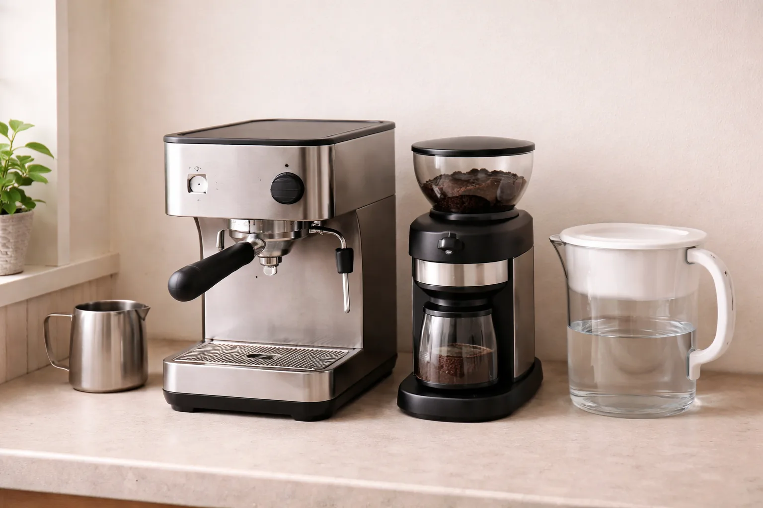 Ev tipi espresso makinesi seçimi hatalarını gösteren sahnede tek kazan makine, öğütücü, sürahi ve kireç izleri