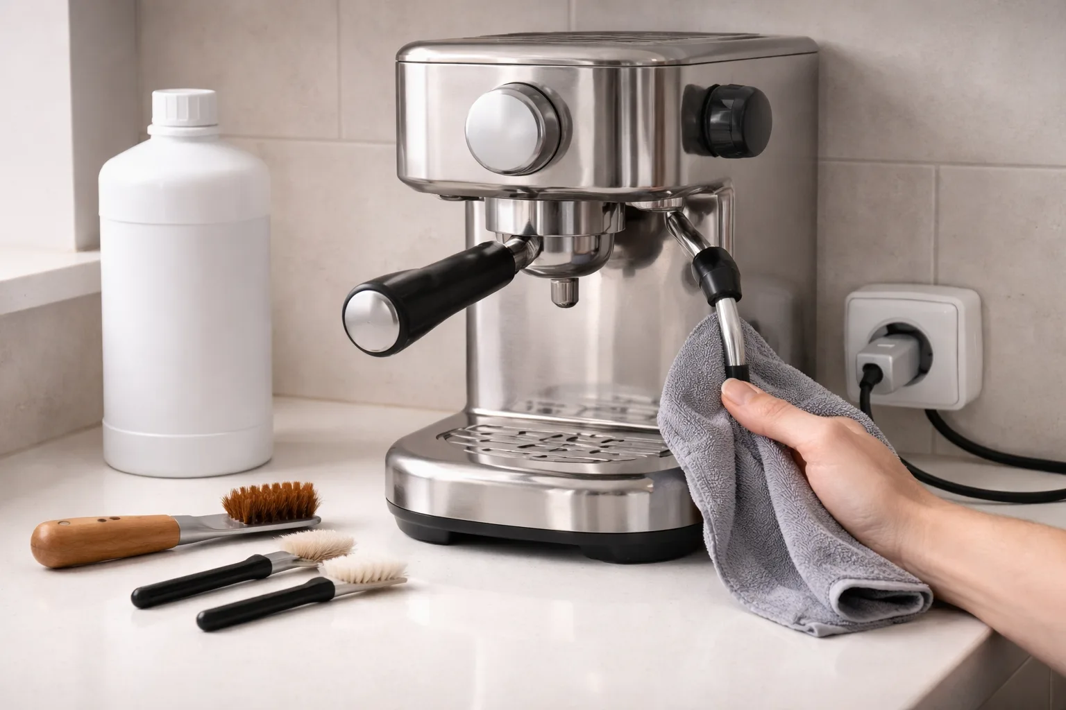 Temiz tezgah üzerinde kör filtreli portafiltre, fırçalar, mikrofiber bezle silinen buhar çubuğu ve zamanlayıcı