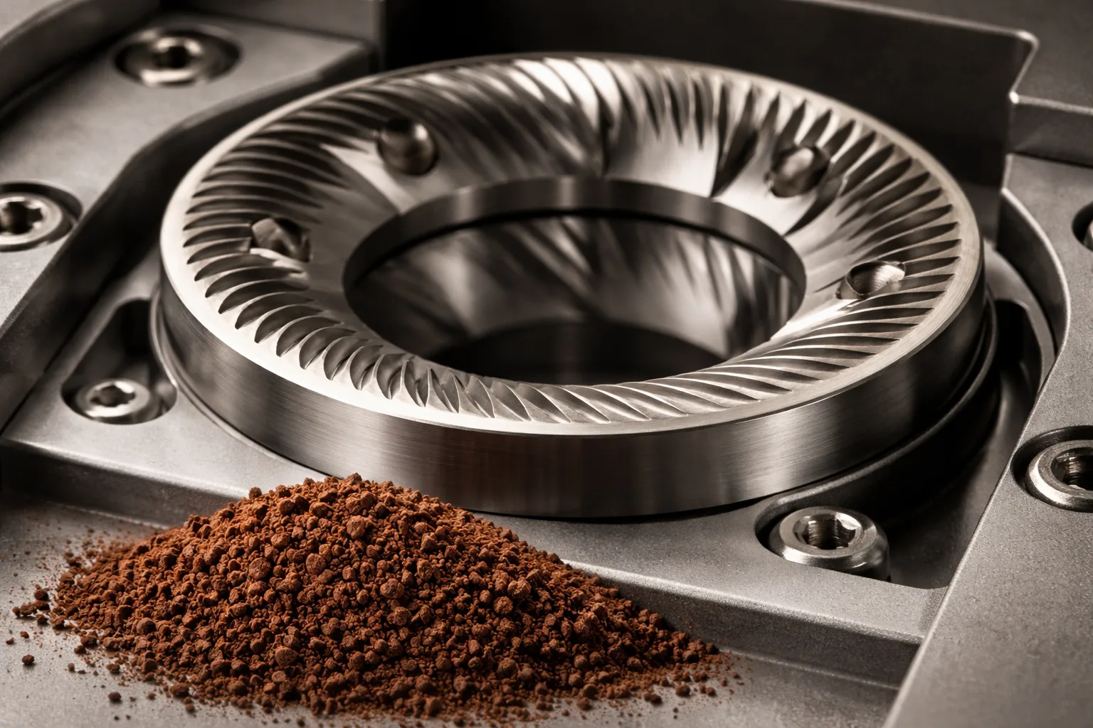 Makro çekimde burr seti ve homojen partiküller; ev tipi kahve öğütücü performansı