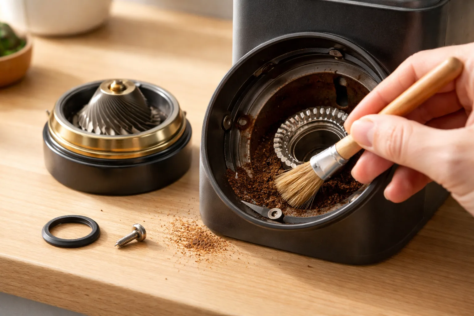 Sökülmüş üst burr ve öğütücü içi, fırçayla ince toz temizliği, vida ve conta