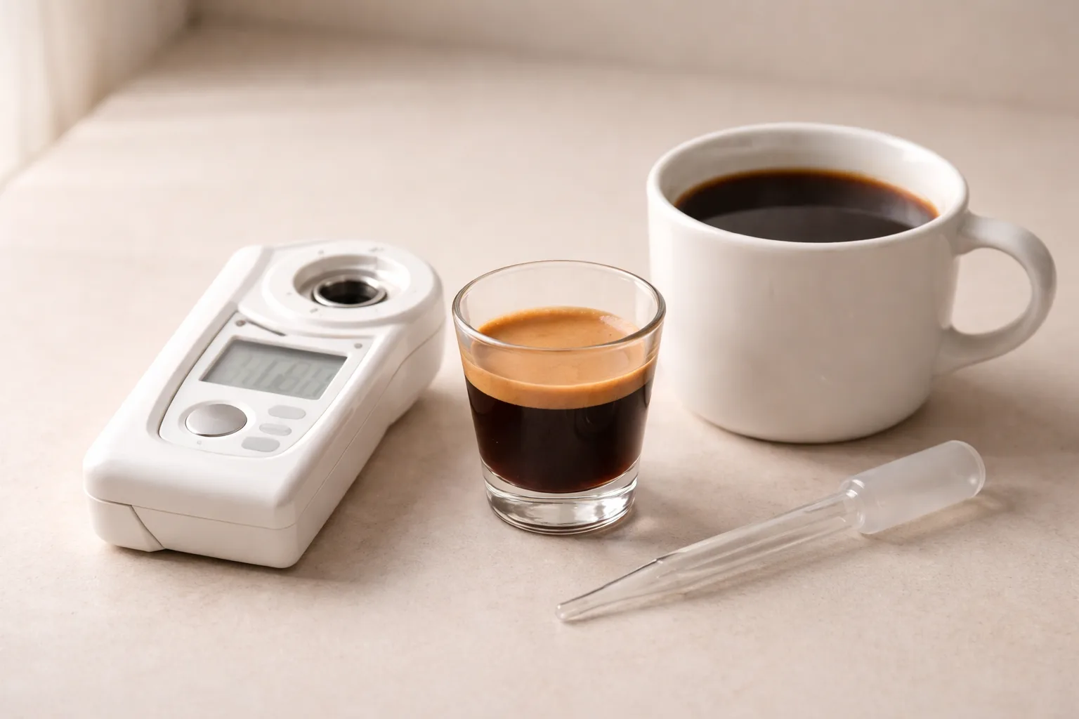 Ev tipi refraktometre satın alma bağlamında filtre ve espresso ölçüm sahnesi, pipet ve bardaklar.