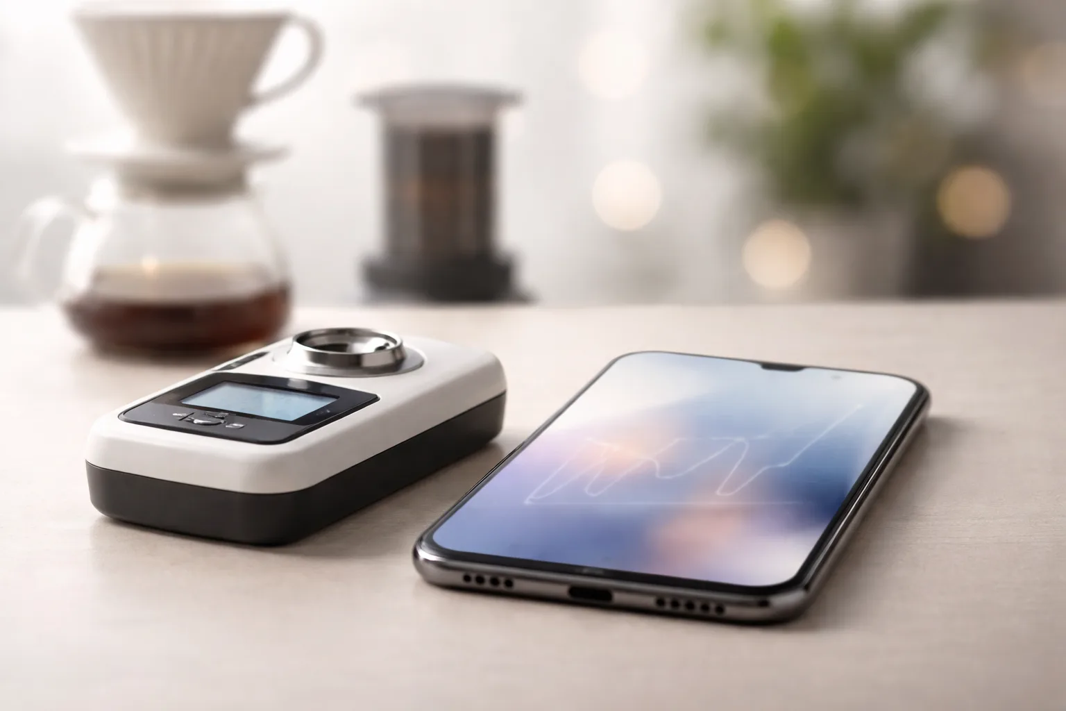 Refraktometre ile akıllı telefon yanında, bulanık grafikler ve arka planda V60 belirsiz.