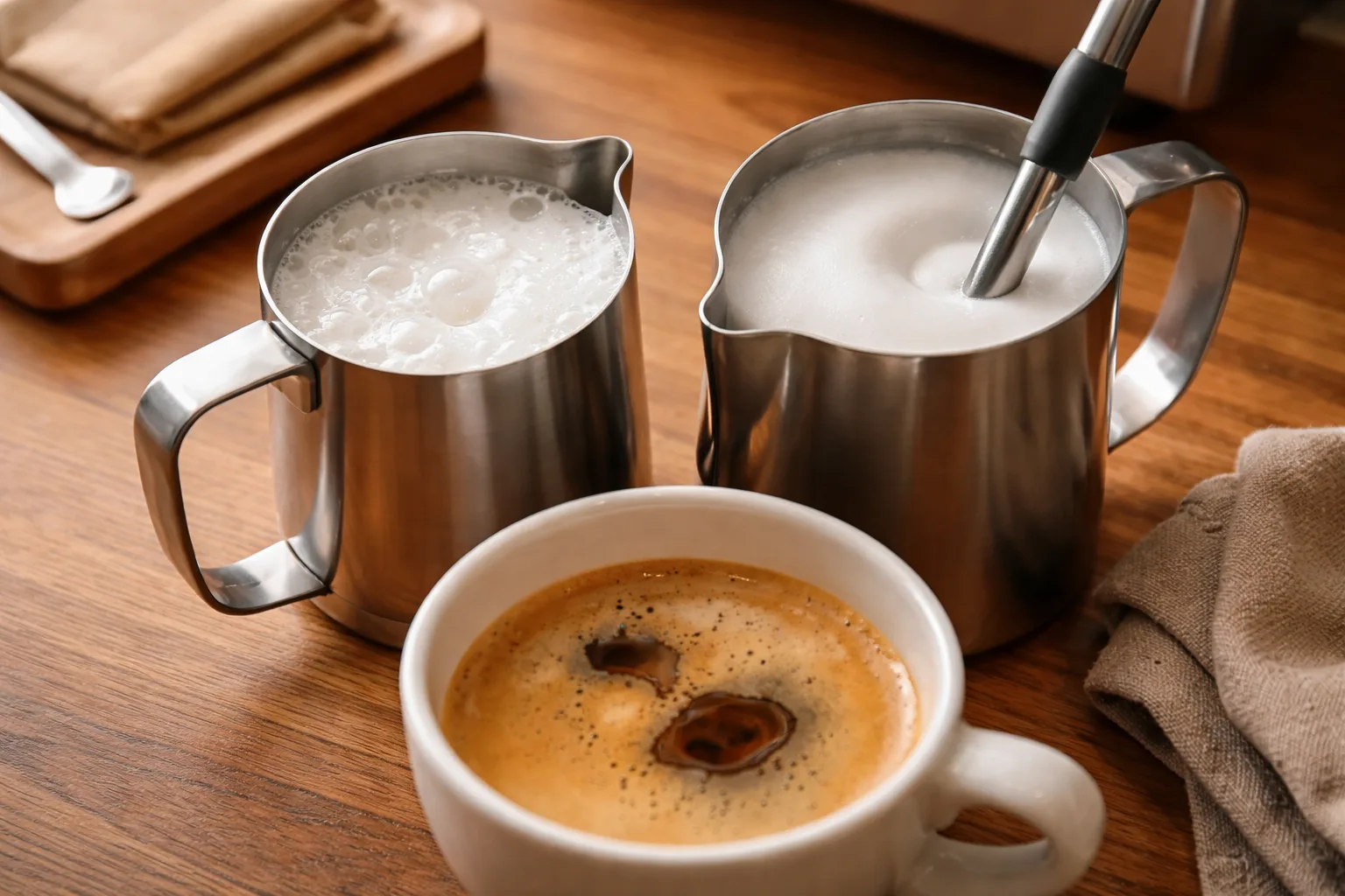 Büyük baloncuklu süt, delinmiş crema, çok büyük fincan ve yanlış buhar çubuğu