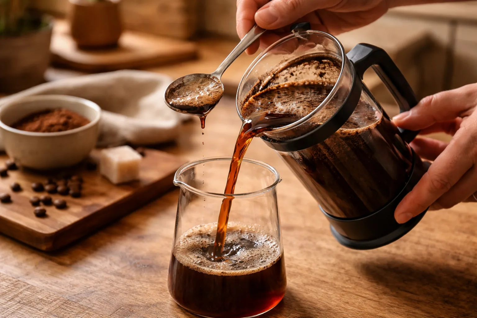 Kaşıkla köpük alma ve French Press’ten cam sürahiye yavaş, berrak döküş