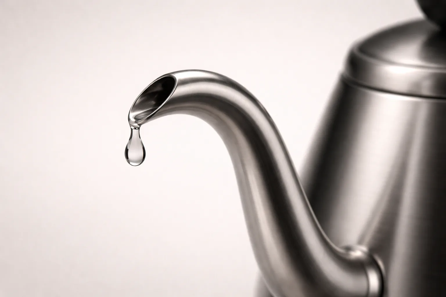 Stüdyo ışığında gooseneck kettle spout ucunun aşağı kesimli formu ve tek damla ayrılıyor.