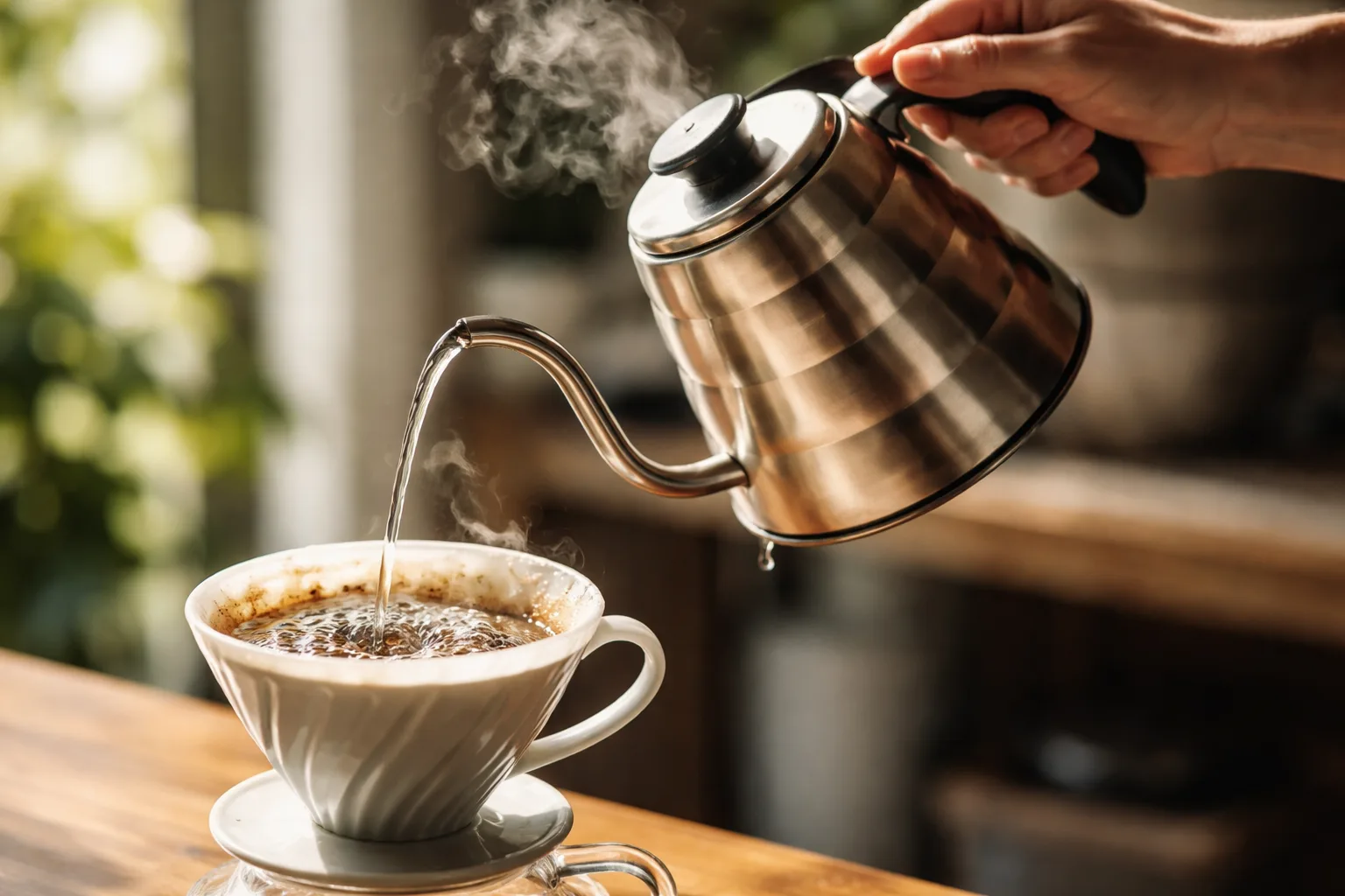 Yüksekten dökülen akışta aşırı eğik kettle, spout ucunda damla ve dalgalanan kahve yatağı.