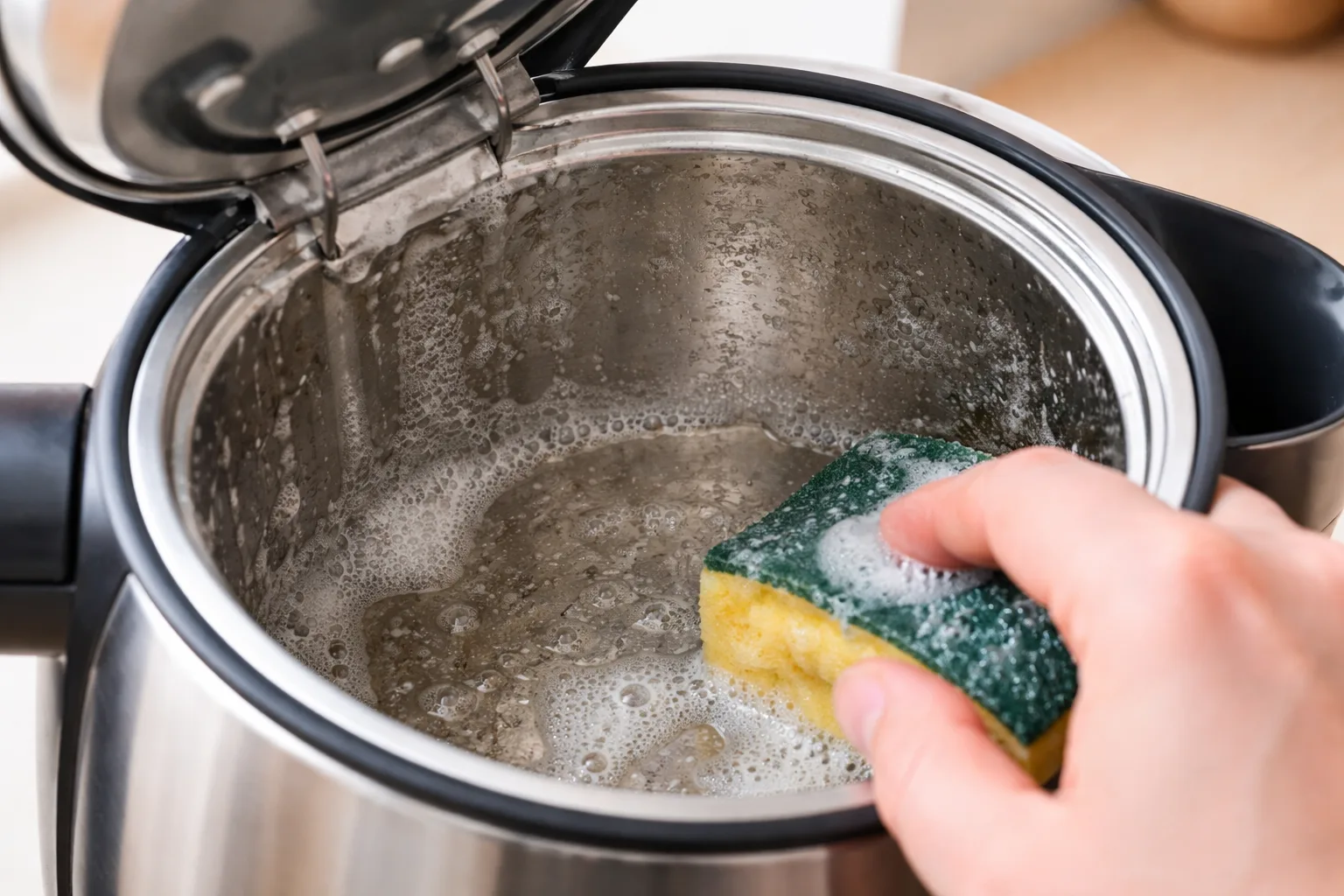 Paslanmaz çelik iç yüzeyde kireç, limon asitli çözelti ve süngerle nazik temizlik detayı