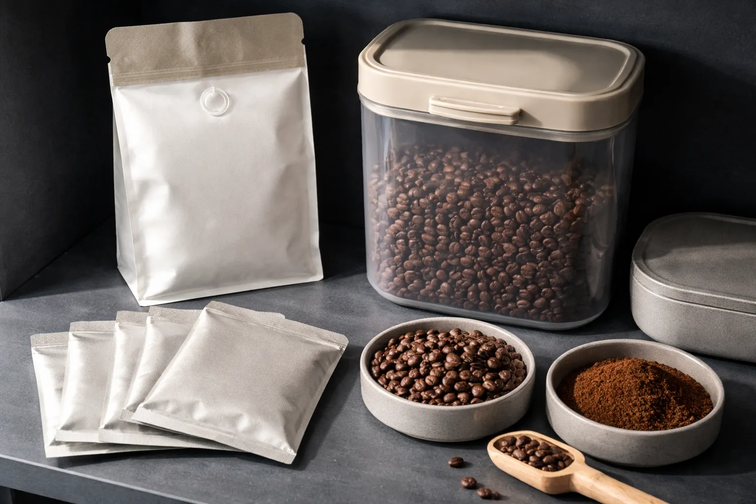 Tek yönlü valfli paket, küçük torbalar ve opak kaplarla serin karanlık rafta depolama.