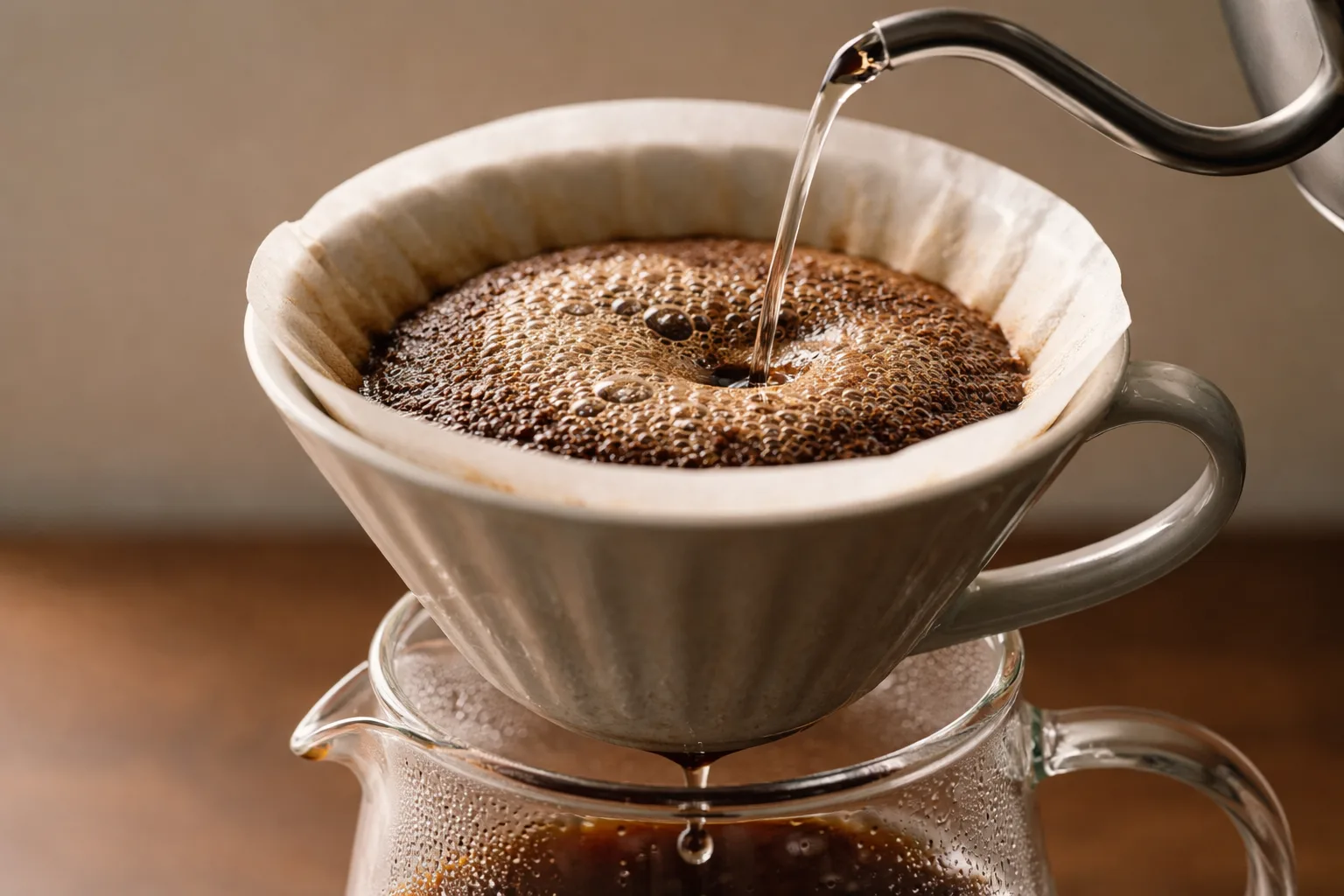 V60 dripper üzerinde bloom aşamasında ince akış ve cam servera düşen damlalar.