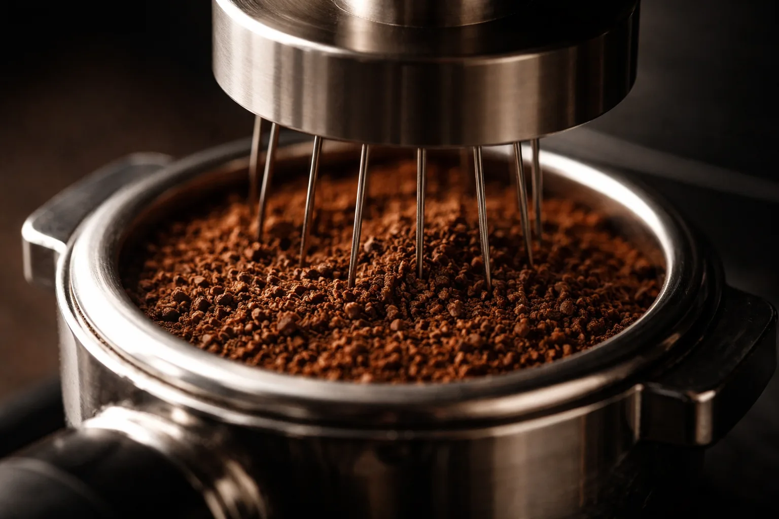 Portafiltre sepetinde kahve yatağı, WDT iğneleriyle dağıtım ve hizalanmış düz tabanlı tamper makro çekim.