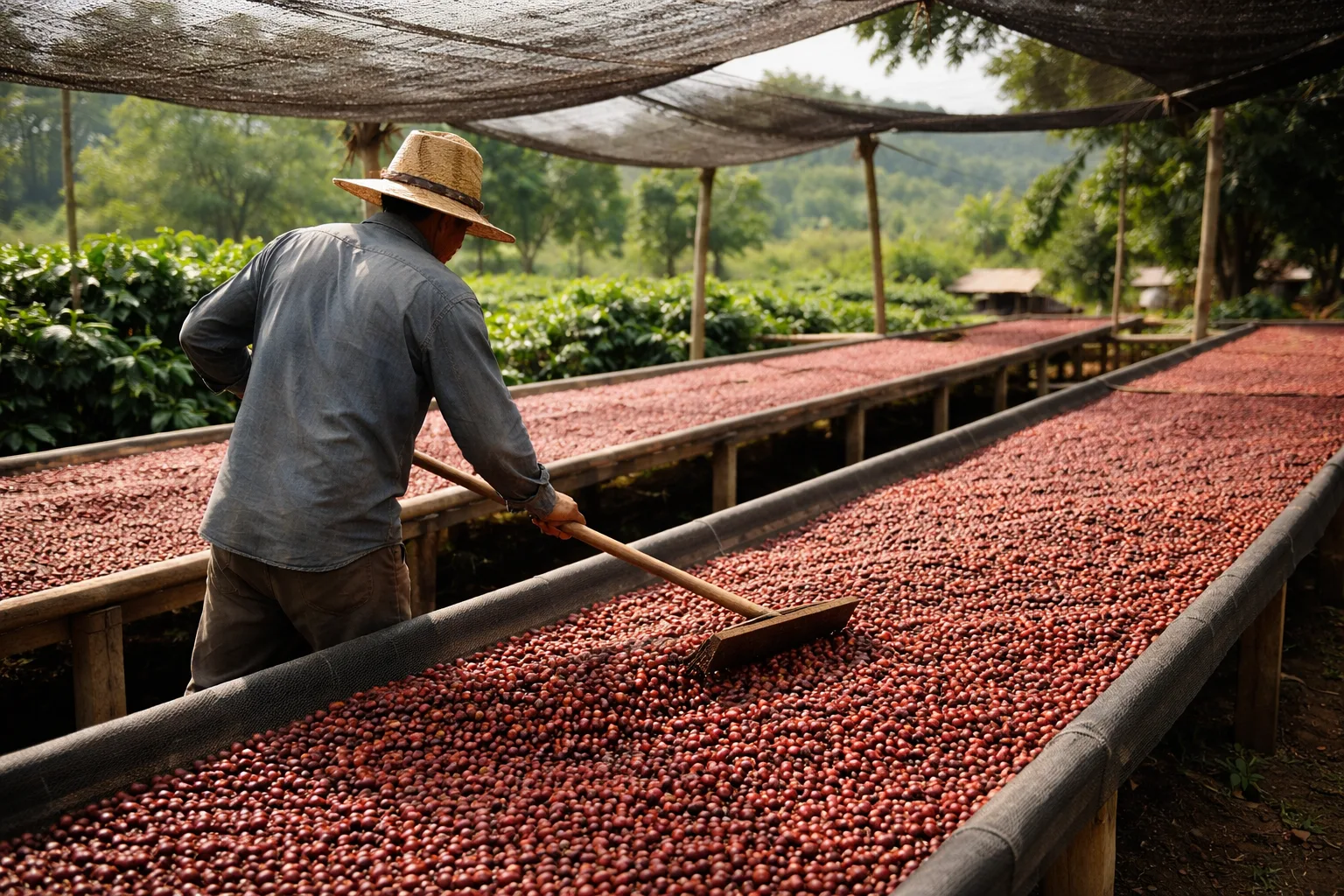 Yükseltilmiş yatakta ince serili olgun kirazları çeviren işçi, kahve işleme yöntemleri pratiği.