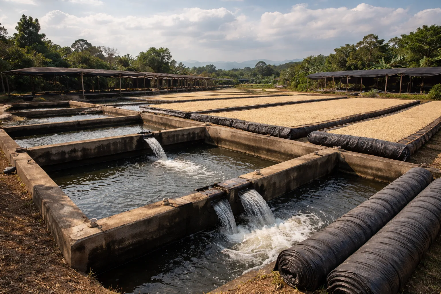 Atık su havuzları, boru akışı ve yakınında kurutma yataklarıyla sürdürülebilir kahve tesisi görünümü.