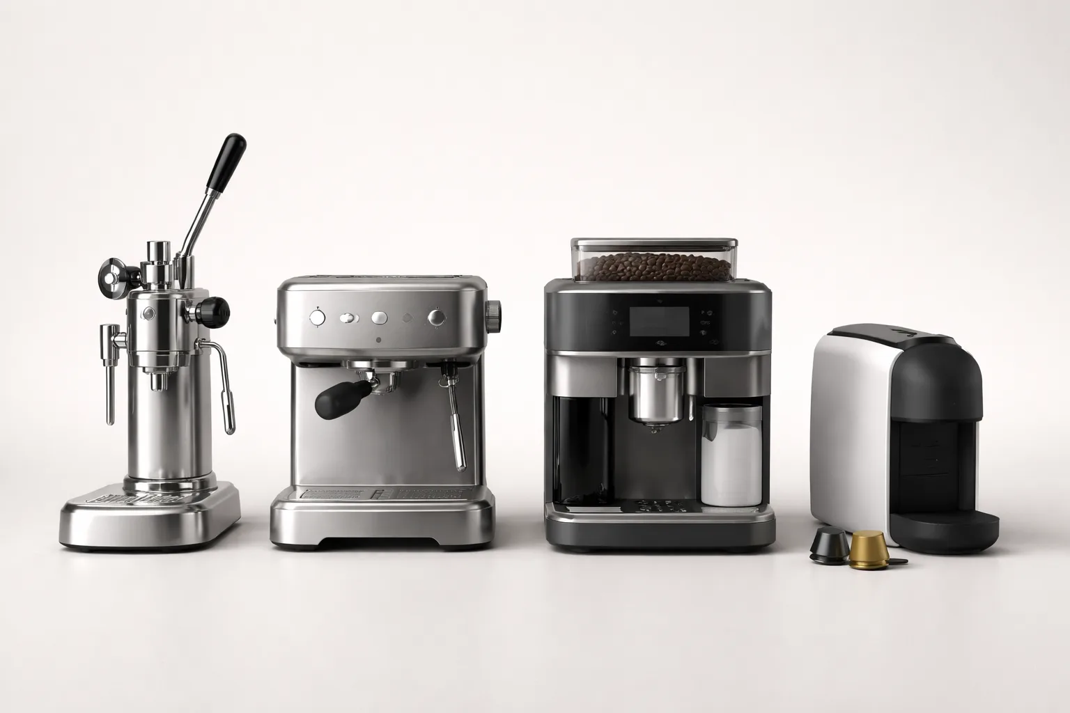 Lever, yarı otomatik, süper otomatik ve kapsül espresso makineleri yan yana karşılaştırmalı ürün çekimi.
