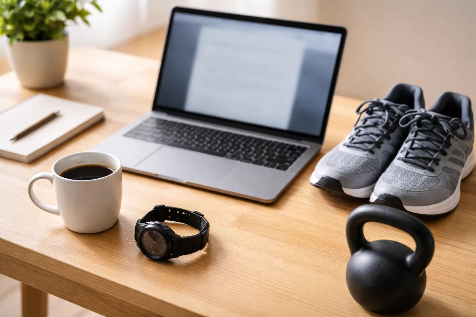 Gündüz ışığında masa, kahve kupası, bulanık laptop ekranı, spor saati ve koşu ayakkabısı.