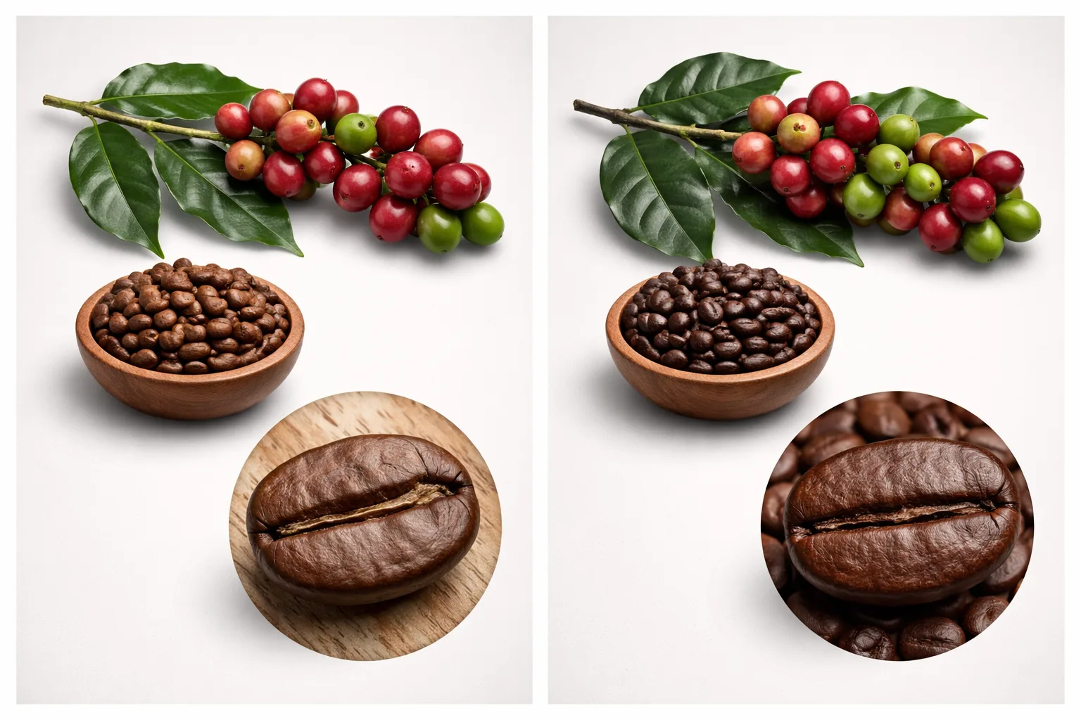 Yan yana arabica ve robusta dalları, kaselerde kahve çekirdekleri, yakın planda orta çizgi farkı.