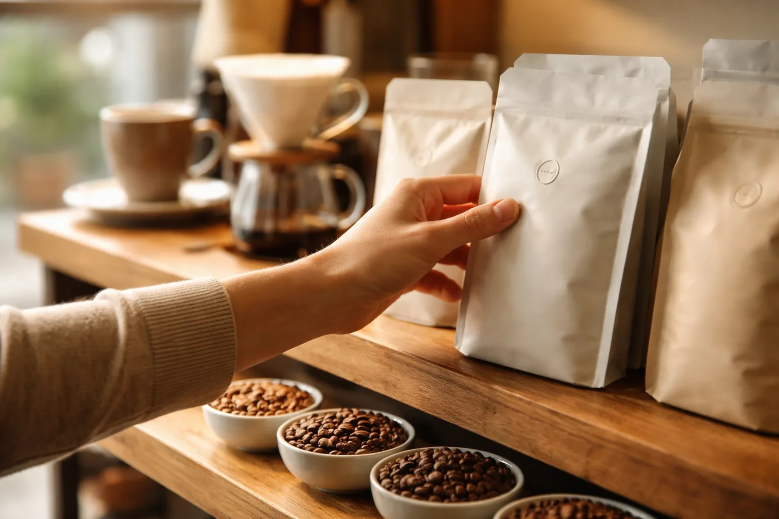 Raf önünde opak valfli paketlere uzanan el, yanda farklı kavurma derecelerini gösteren çekirdek kaseleri, arka planda flu ekipman.