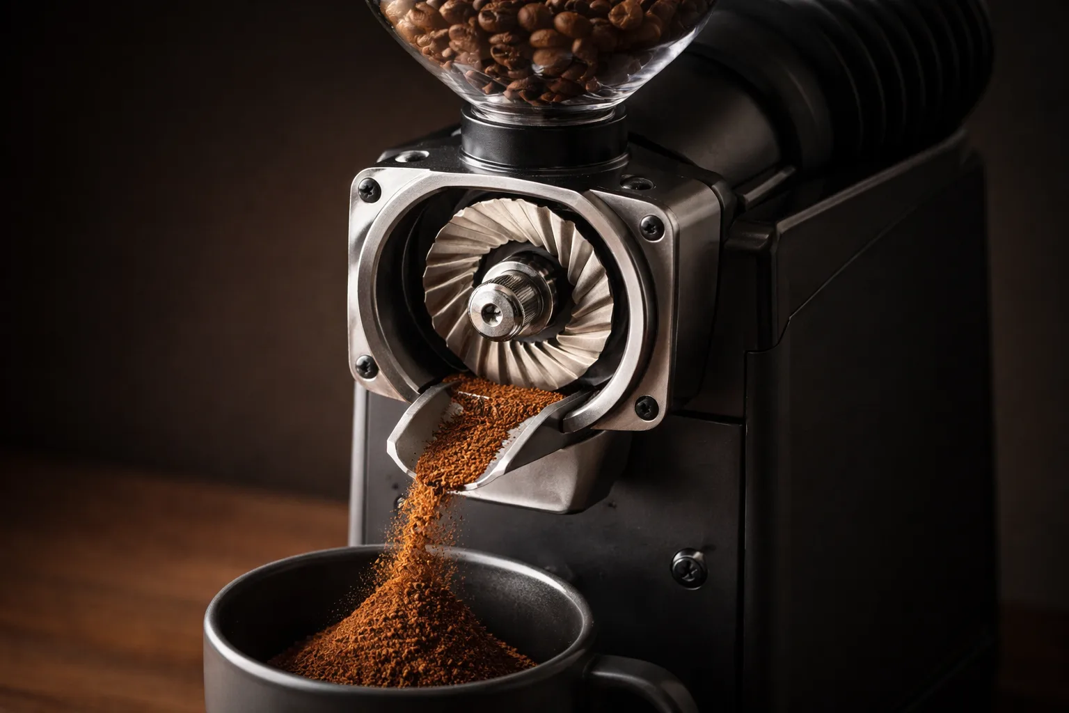 Konik burr öğütücüde hizalı mil ve burr, kahve demleme ekipmanları tutarlılığını vurguluyor.