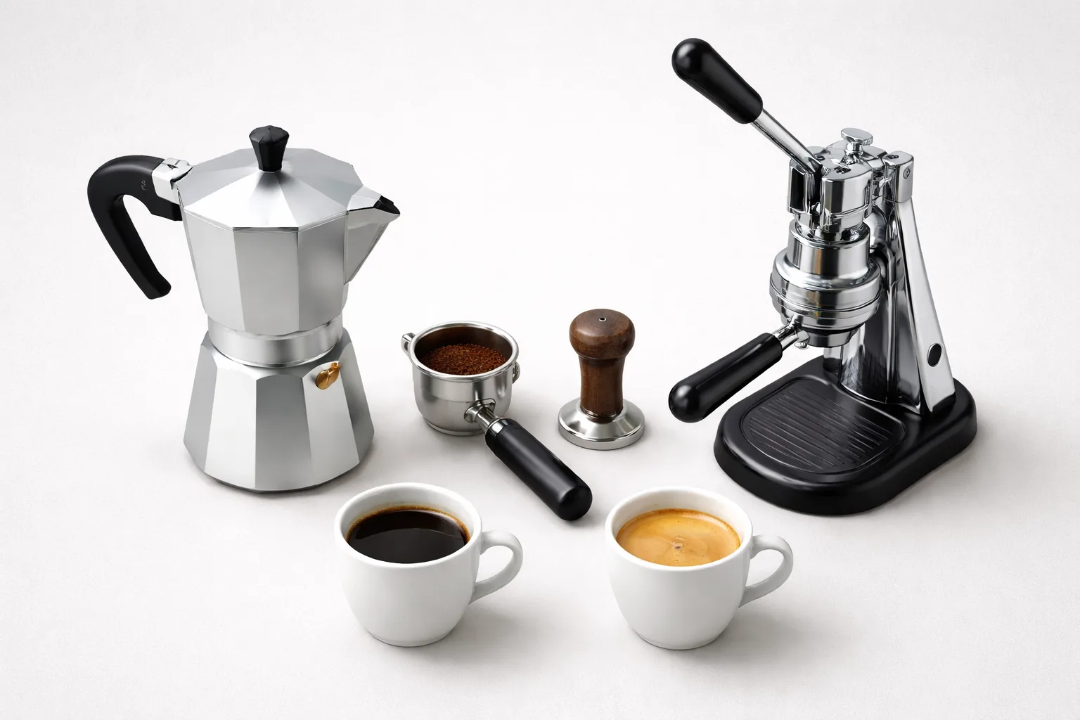 Moka Pot ve kol bazlı manuel espresso yanında fincanlarda farklı yoğunluk karşılaştırması.