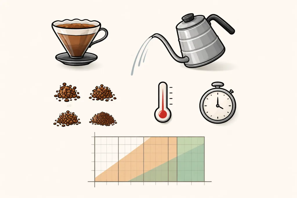 Pour over akışını, öğütüm ve sıcaklık değişkenlerini sade ikonlarla özetleyen kahve ekipmanları diyagramı.