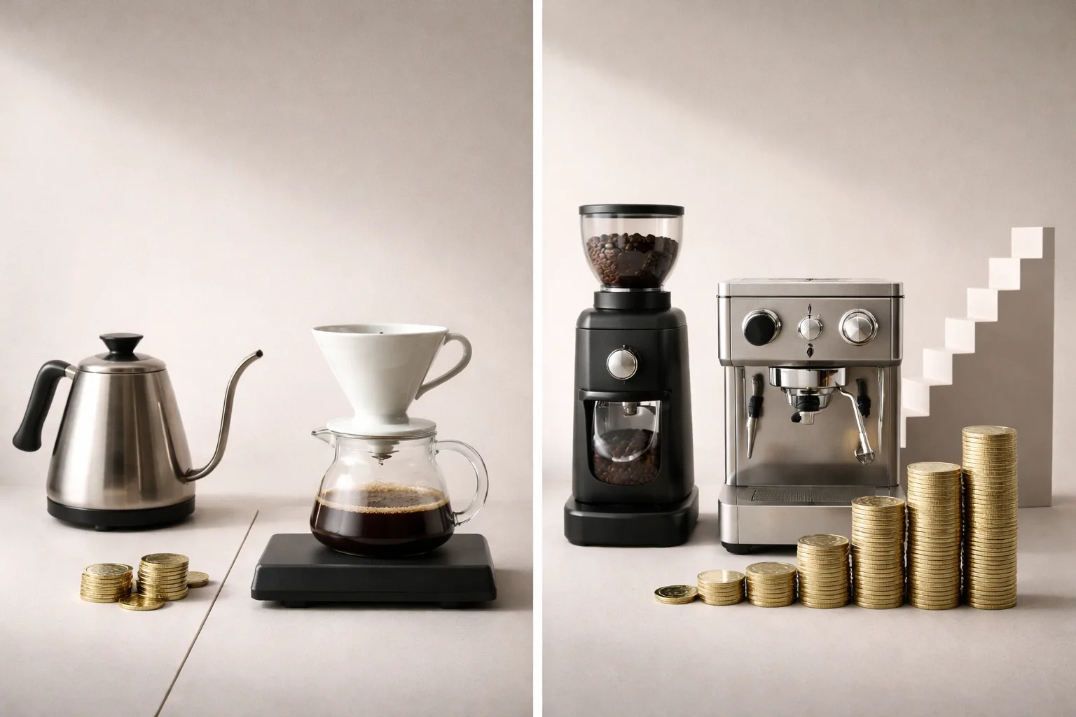 Sol pour over seti, sağ espresso makinesi ve öğütücü; bütçe yığınları, basit merdiven.