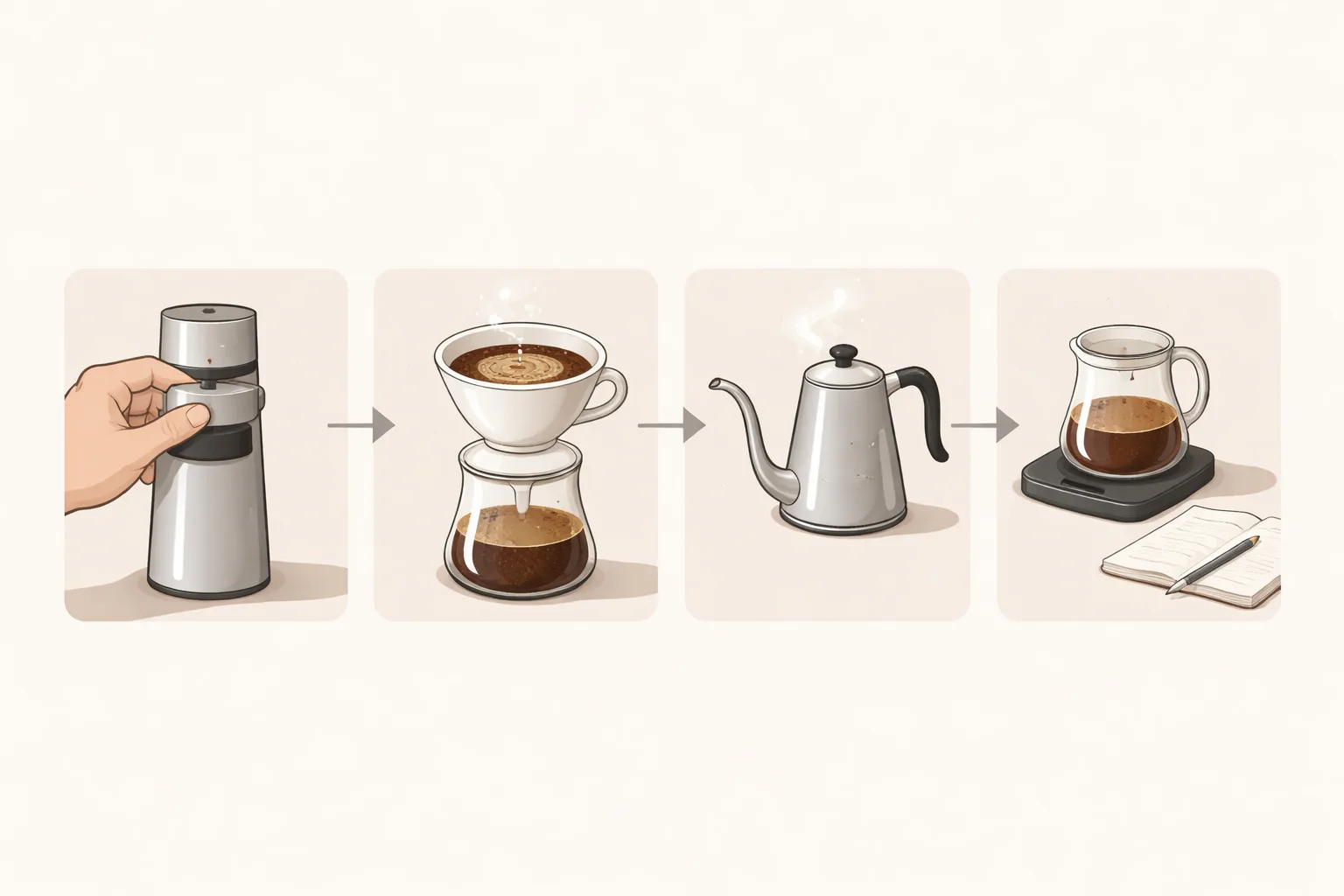 Yazısız dört panelli akışta öğütücü ayarı, nabızlı döküş, sıcaklık artışı ve tartıda sürahi, not defteri işaretli.