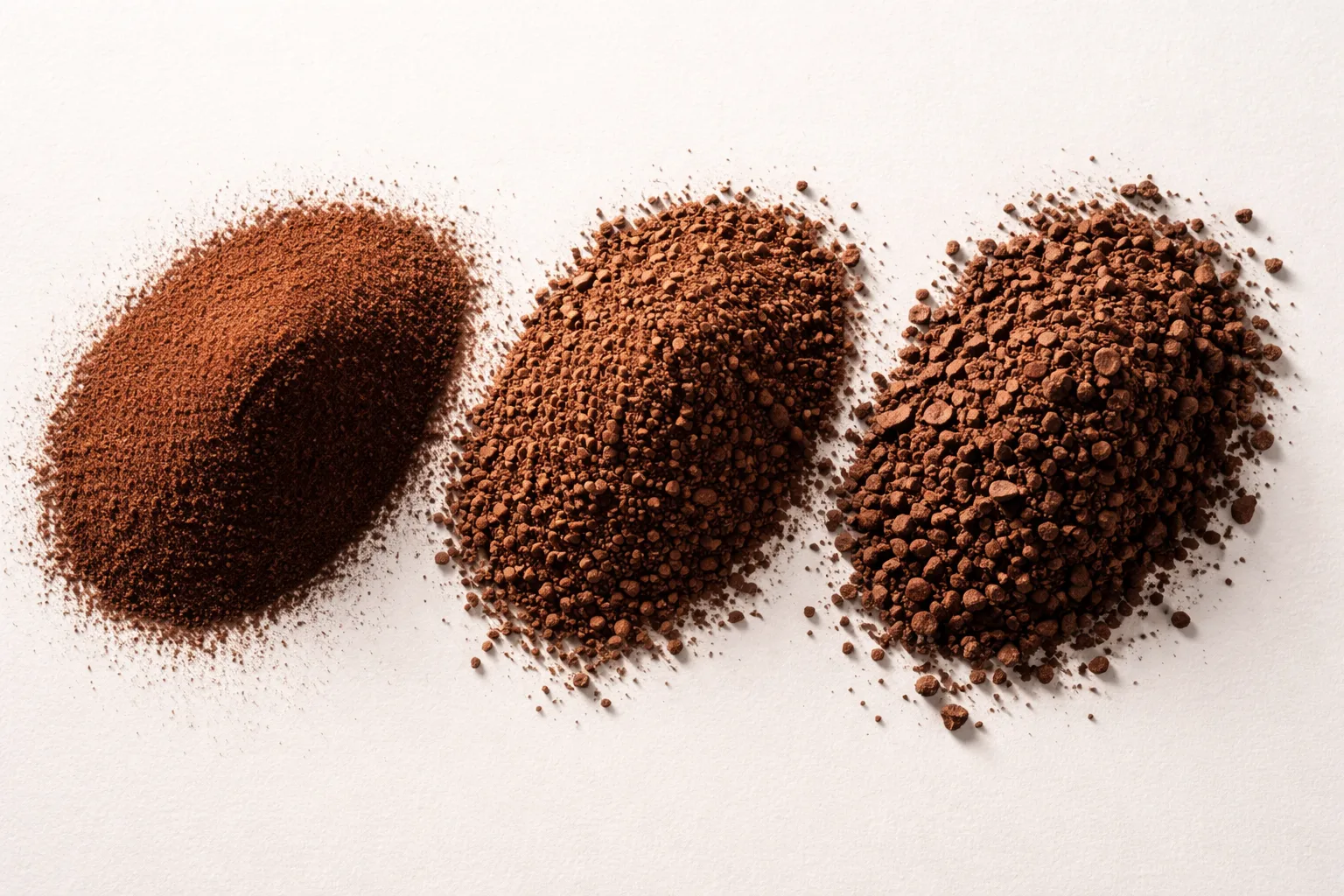 İnce, orta ve kalın öğütüm taneleri, yakın plan dokusal üstten görüntü