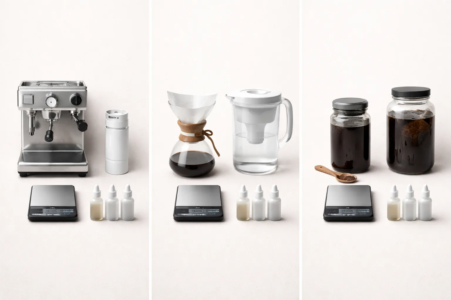 Üstten üçlü düzen; espresso ve by-pass filtre, V60 sürahi, cold brew yanında kahve su çözümleri
