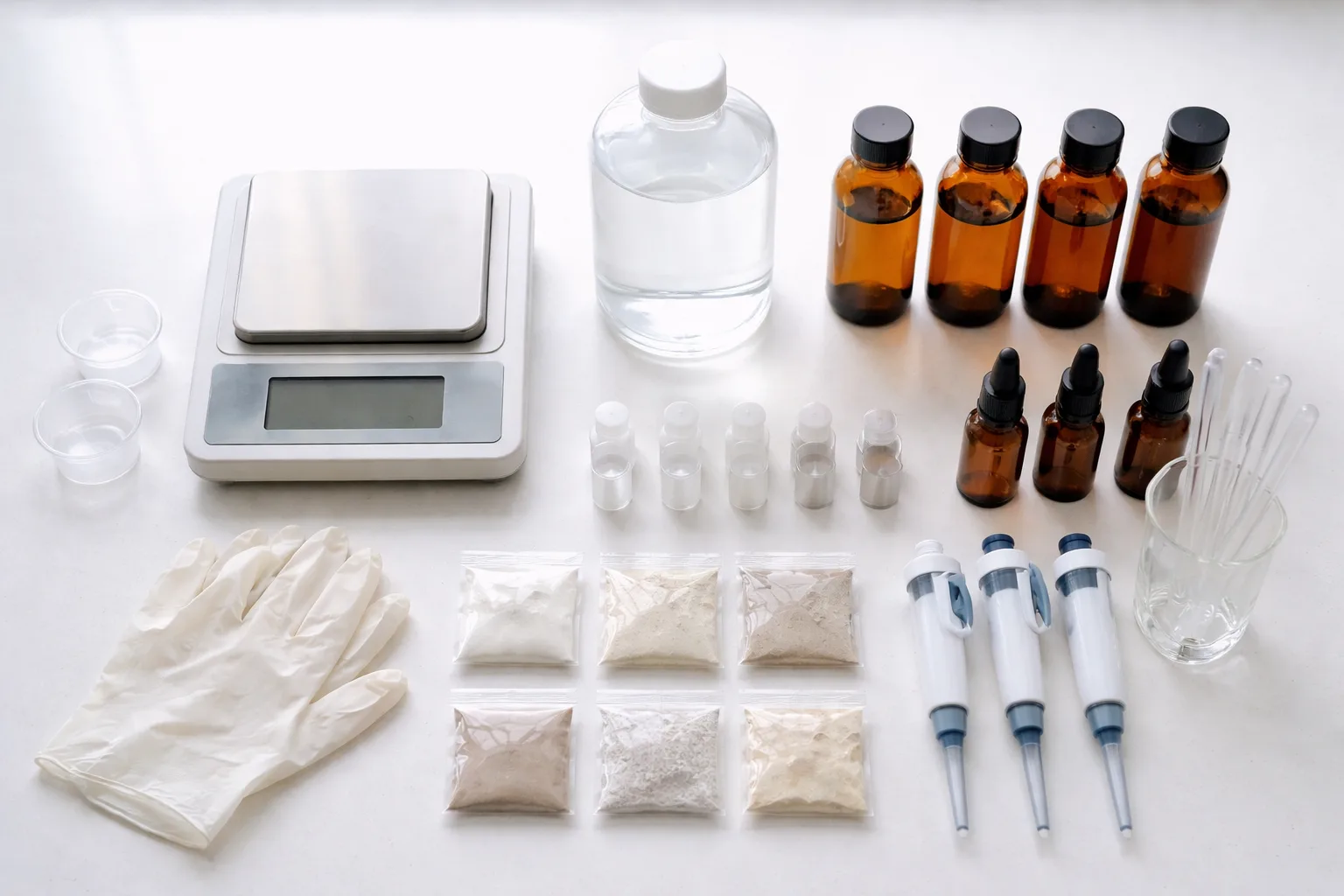 Mineral kit hazırlığında temiz tezgah üzerinde terazi, damlalık, RO su kabı ve amber şişeler